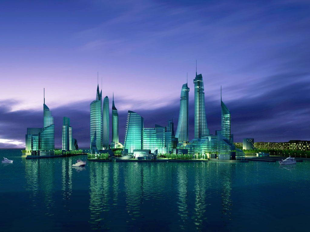 Bahrain 桌布 壁紙 — 未來主義城市天際線，發光的青綠色摩天大樓在暮色天空下倒映在平靜的水面上。