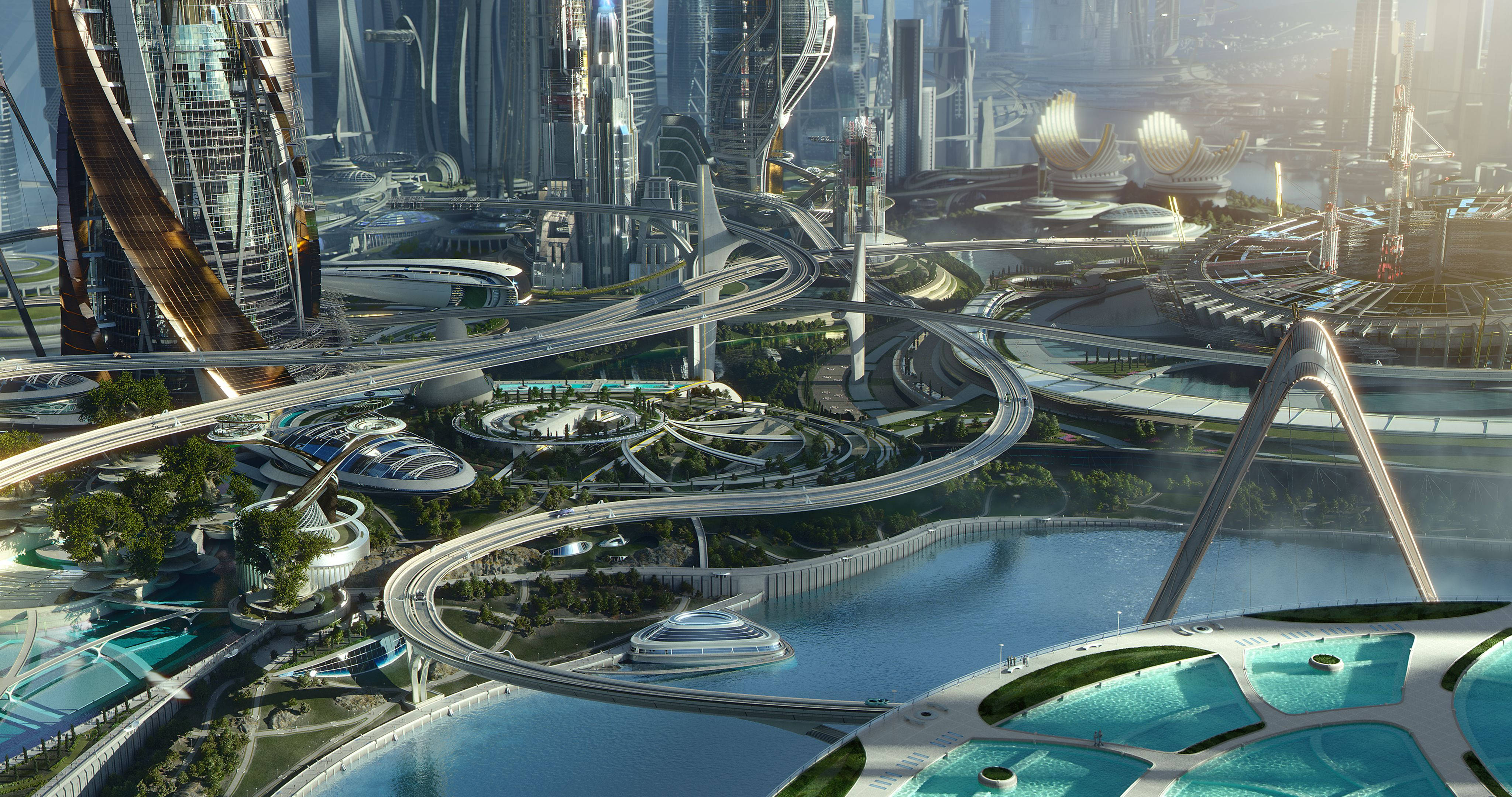 Tomorrowland Movie 桌布 壁紙 — 未來主義城市景觀，高聳的摩天大樓和錯綜複雜的高架高速公路蜿蜒在鬱鬱蔥蔥的綠色公園和反射水道上。