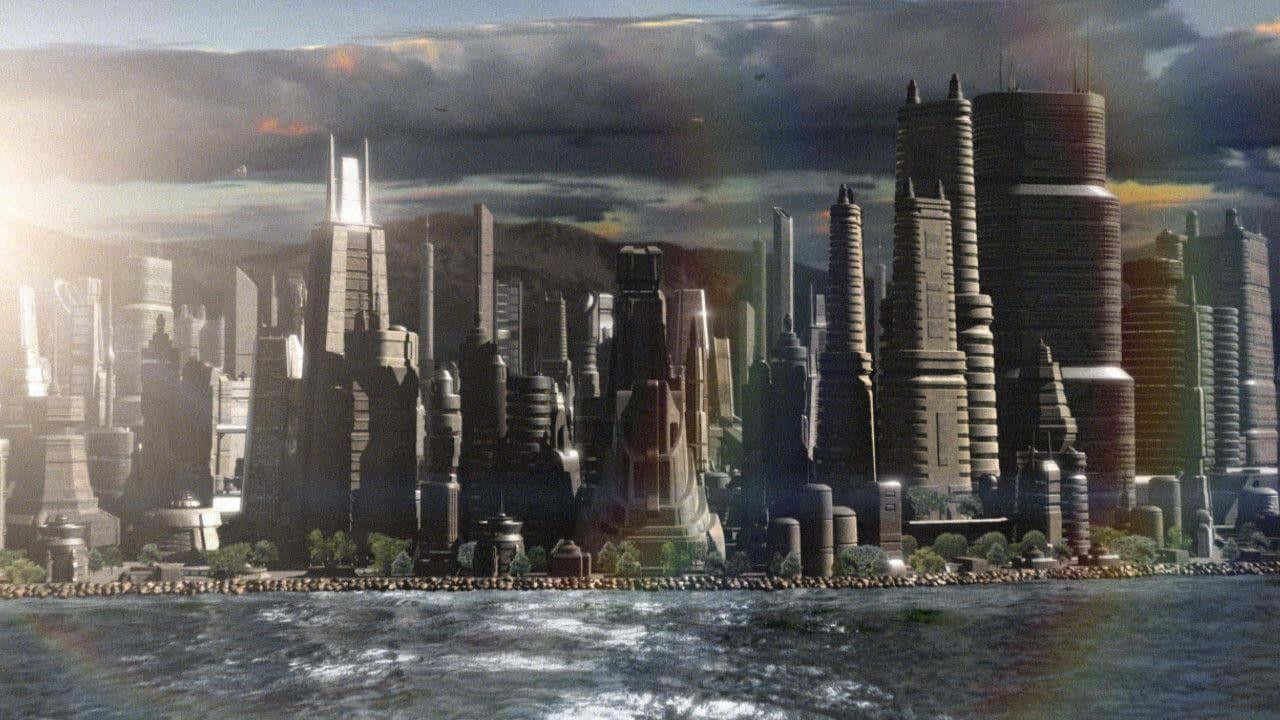 battlestar galactica 桌布 壁紙 — 未來主義城市景觀，高聳的金屬摩天大樓從海濱升起，背景是戲劇性的日落天空。