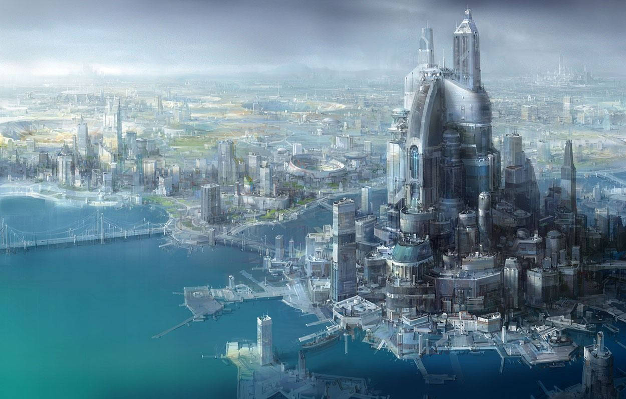 Futuristic City 桌布 壁紙 — 未來主義城市景觀，高聳的金屬摩天大樓從碧綠色的水域中升起，天空朦朧。