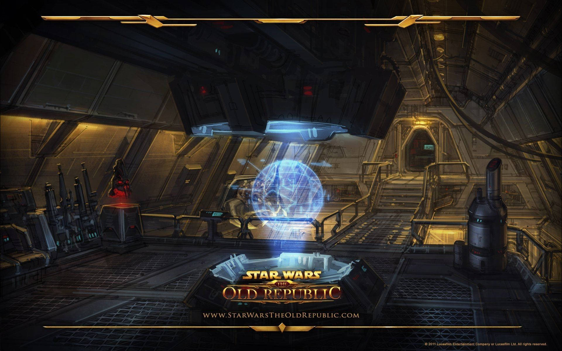 Swtor 桌布 壁紙 — 未來主義太空船內部，帶有發光藍色全息球體和溫暖金色燈光。