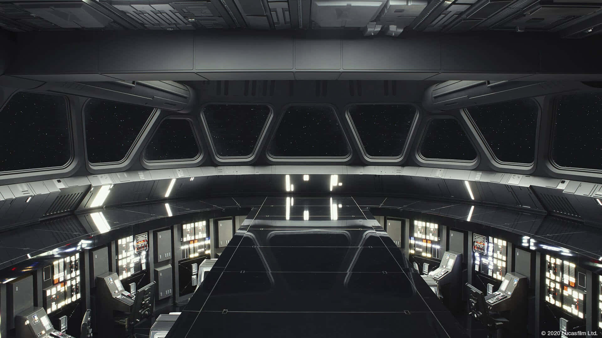 Interior Design 桌布 壁紙 — 未來主義太空船艦橋，帶有發光面板和滿是星星的窗戶，在冷色人工照明下。
