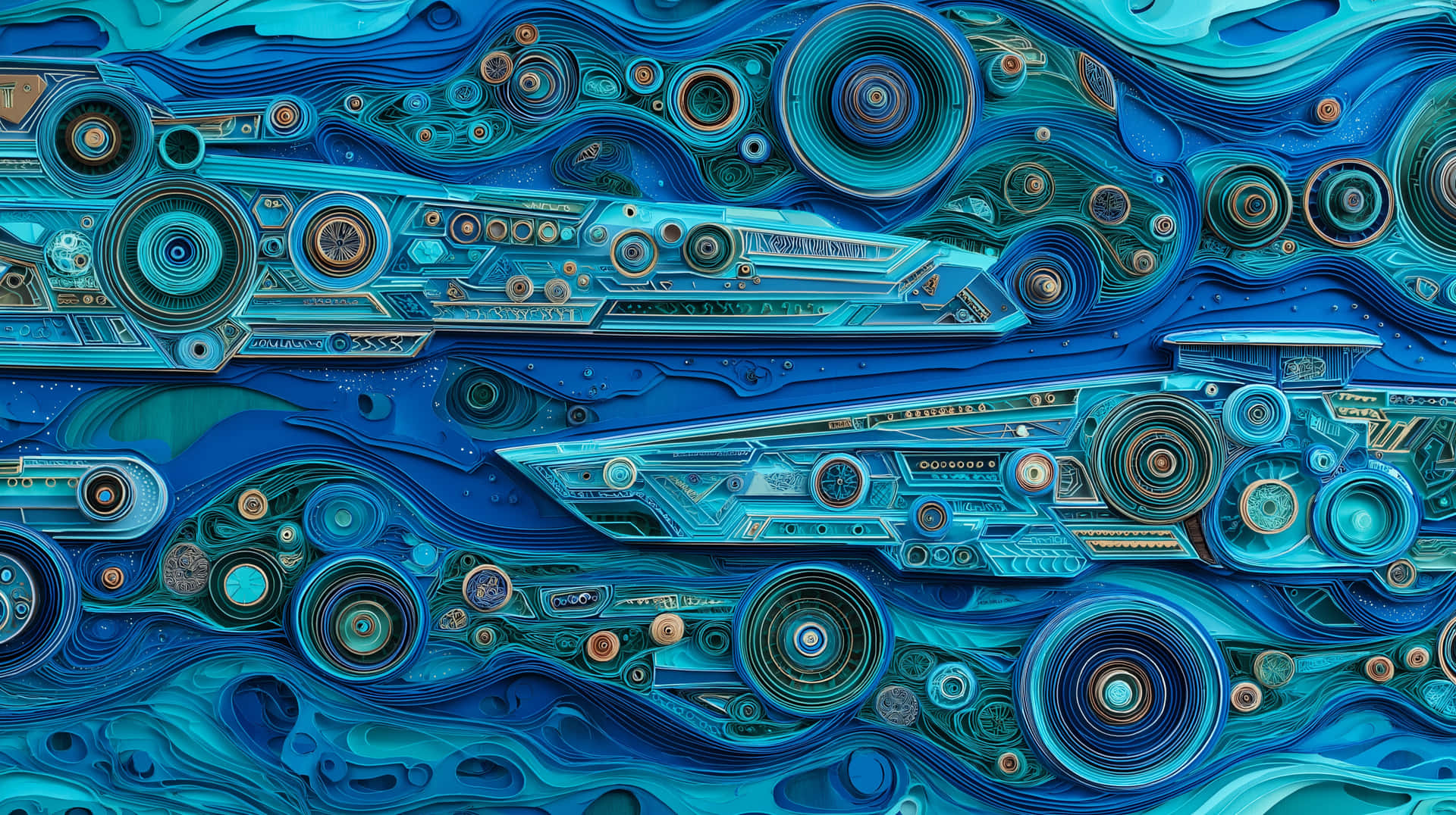 Intricate Blue Layered Abstract Bio-Mechanical Art 壁紙 — 未來主義抽象壁紙，帶有旋轉的藍綠色波浪和嵌入的金屬圓形齒輪和電路。