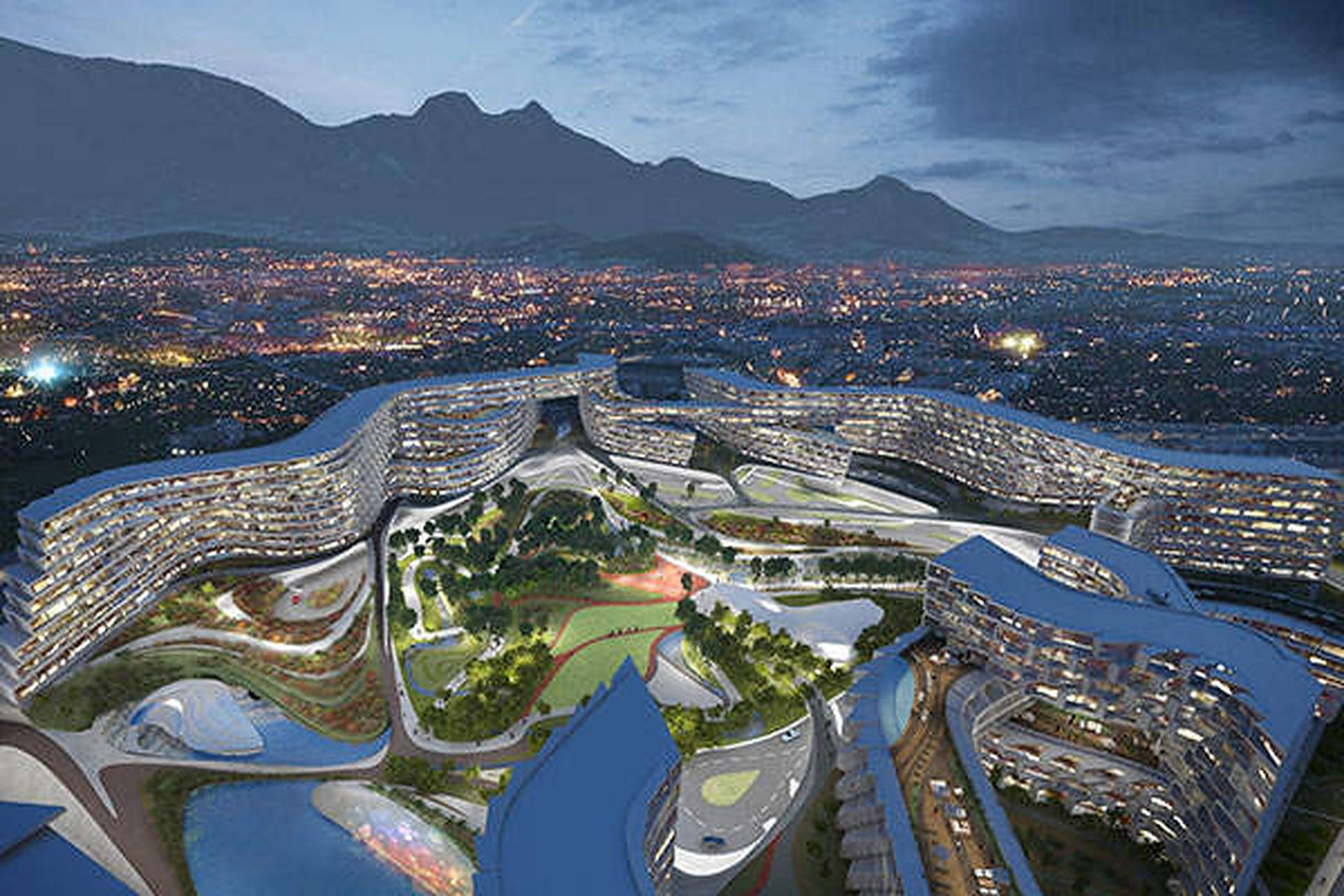 Monterrey 桌布 壁紙 — 未來主義波浪形建築群在黃昏時發光，背景有山脈和城市燈光。
