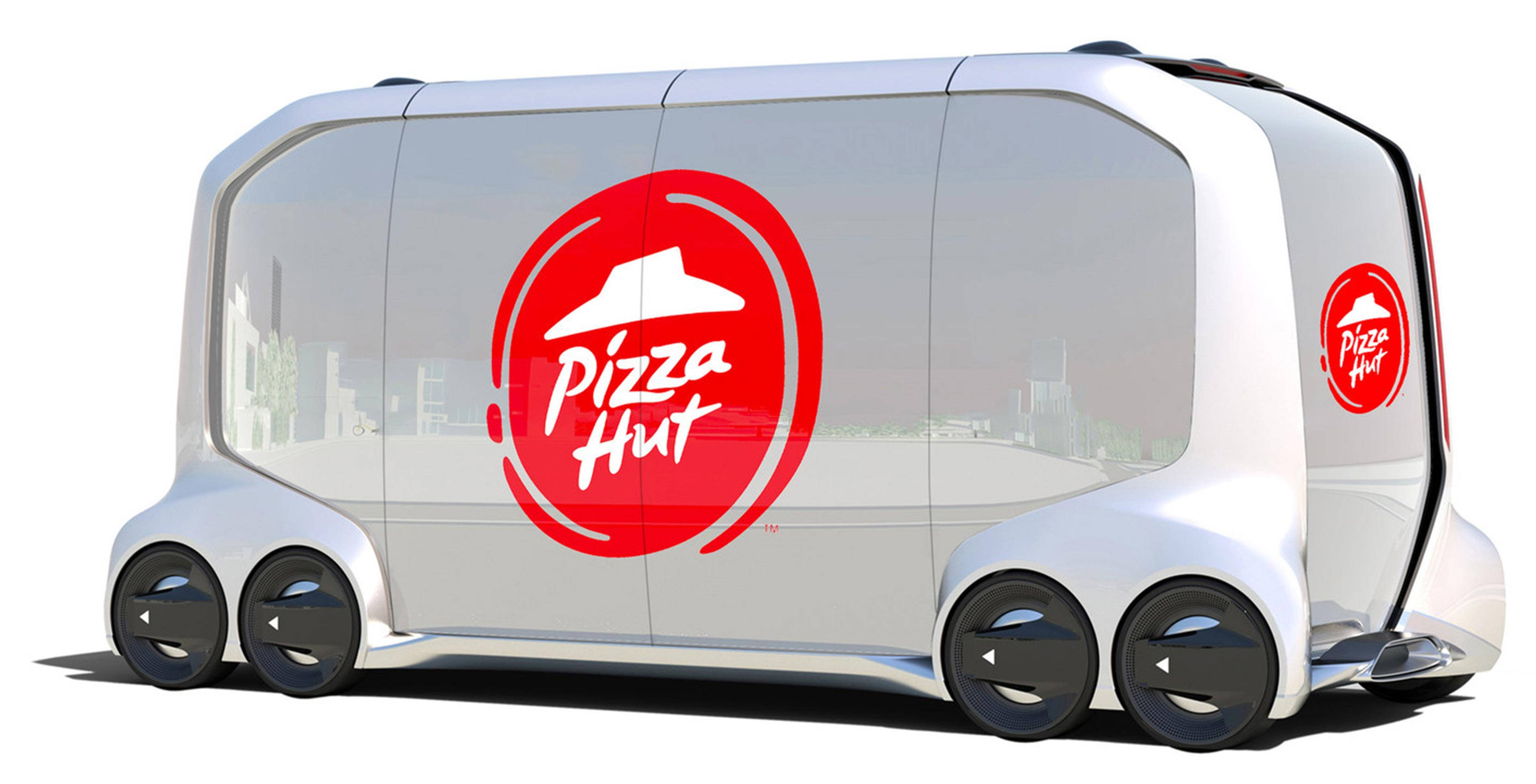 Hut 桌布 壁紙 — 未來主義白色自動駕駛必勝客送貨車，配備大型玻璃面板和紅色標誌。