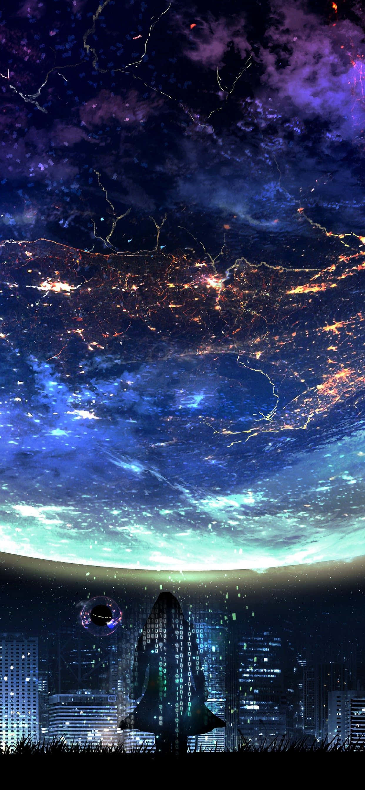 Cool Anime iPhone 桌布 壁紙 — 未來主義的城市夜景，在充滿星星和星雲的宇宙天空下，閃閃發光的摩天大樓。
