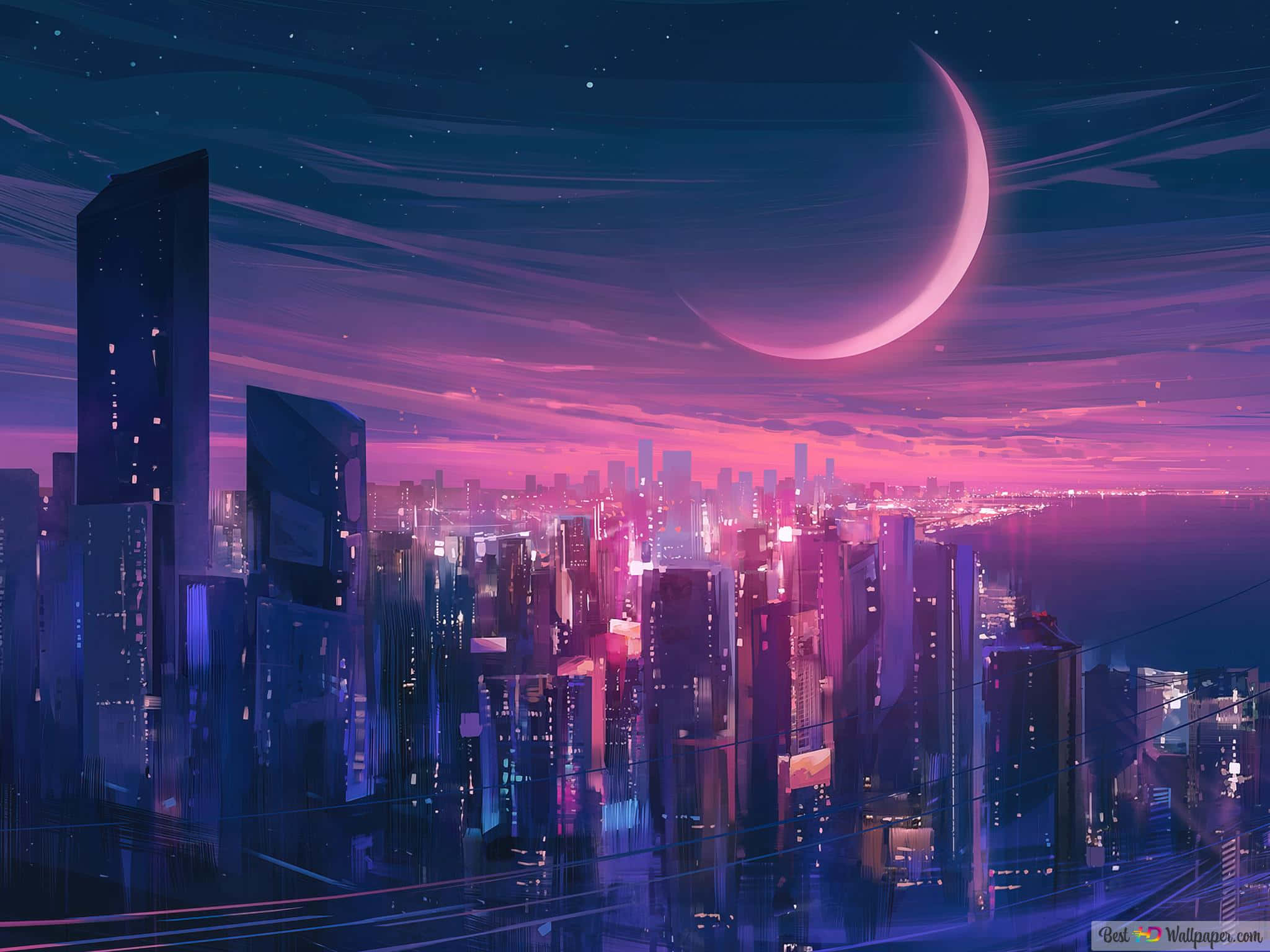 桌布 壁紙 — 未來主義的城市夜景，在發光的彎月下沐浴在霓虹粉紅和藍色中。