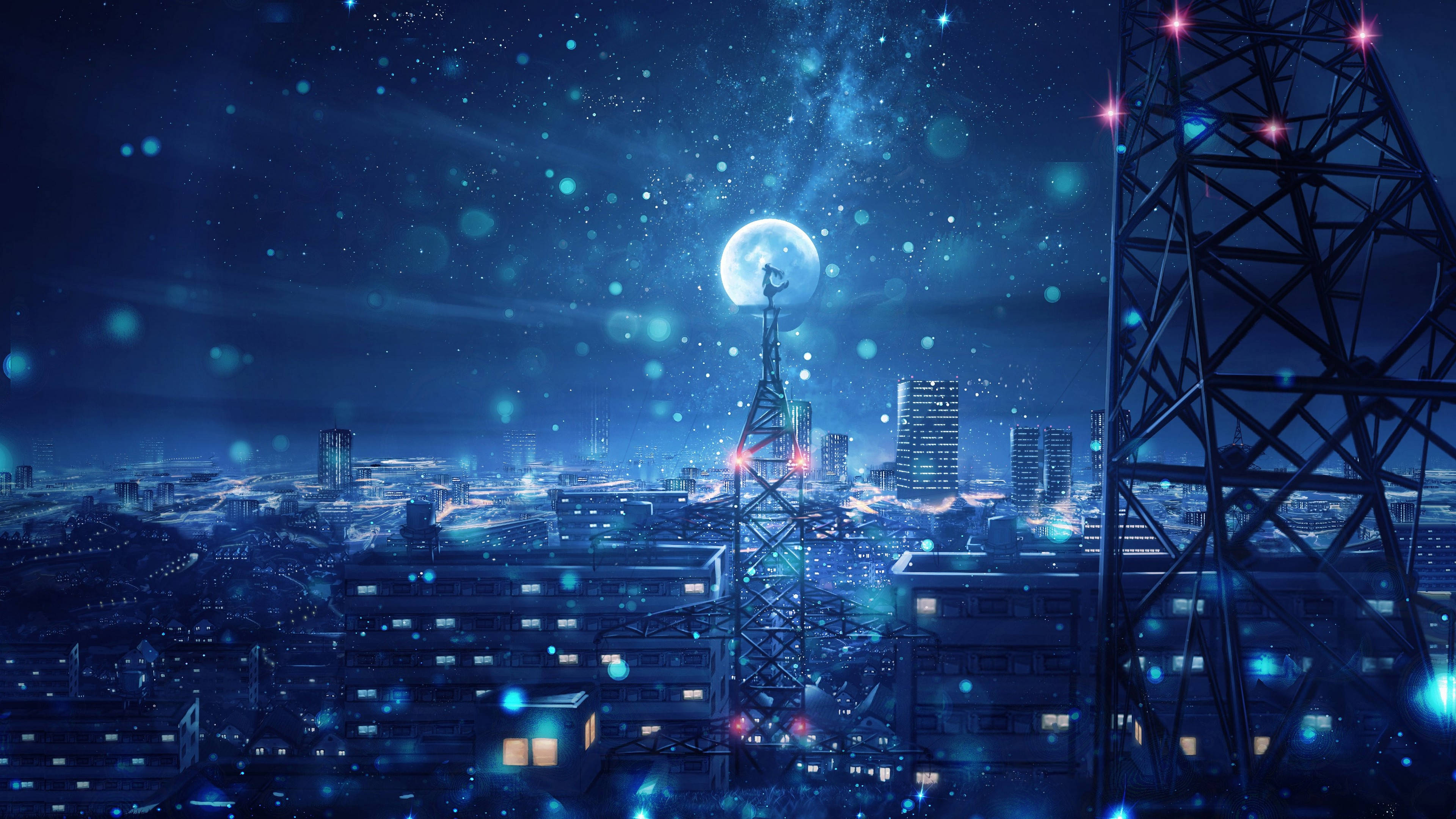 動漫女孩 桌布 壁紙 — 未來主義的城市夜景，在發光的月亮下，閃爍的藍色燈光和宏偉的建築結構。