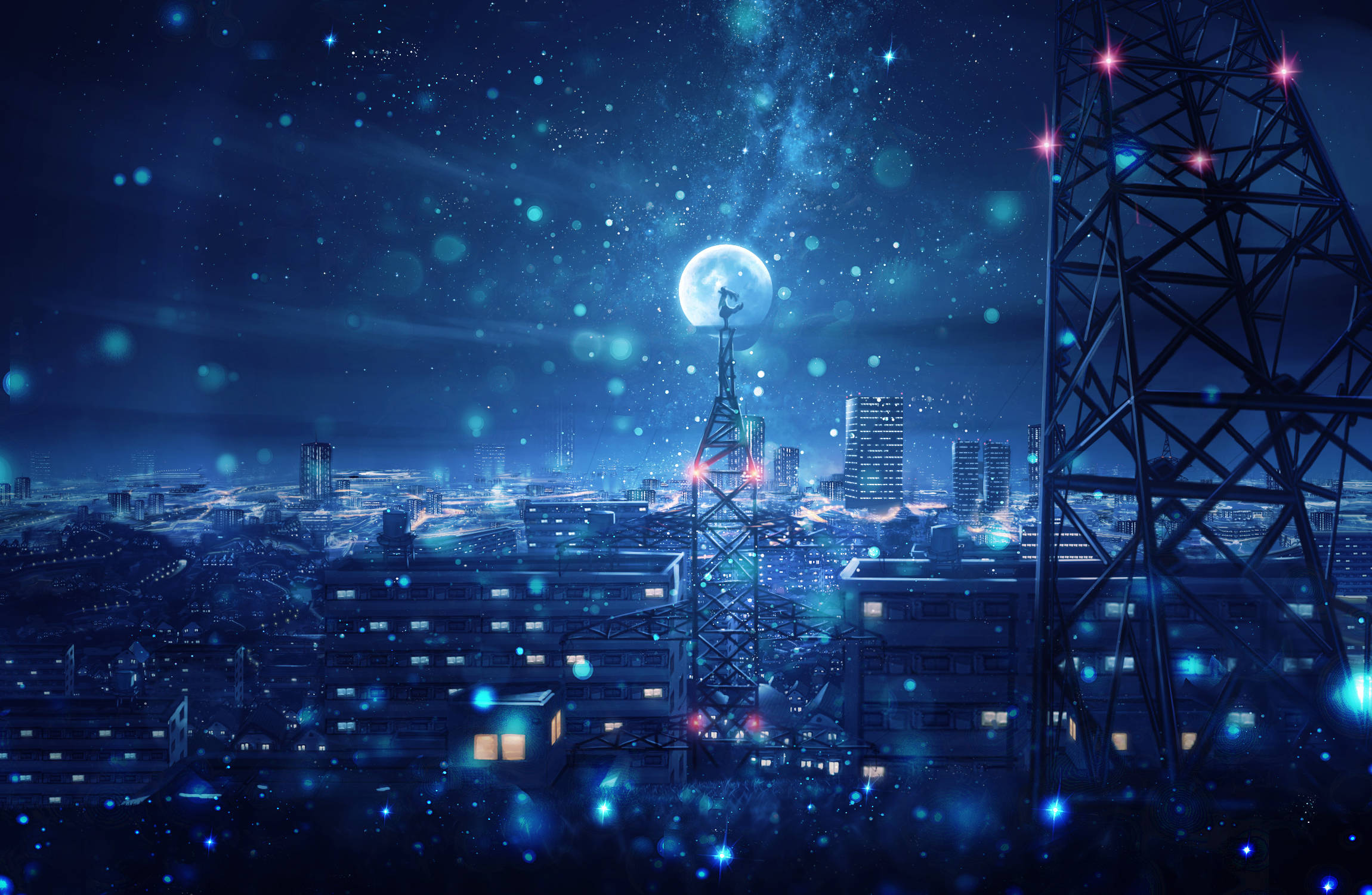 Anime Night City 桌布 壁紙 — 未來主義的城市夜景，在發光的月亮下，帶有閃爍的藍色粒子和高聳的通訊塔。