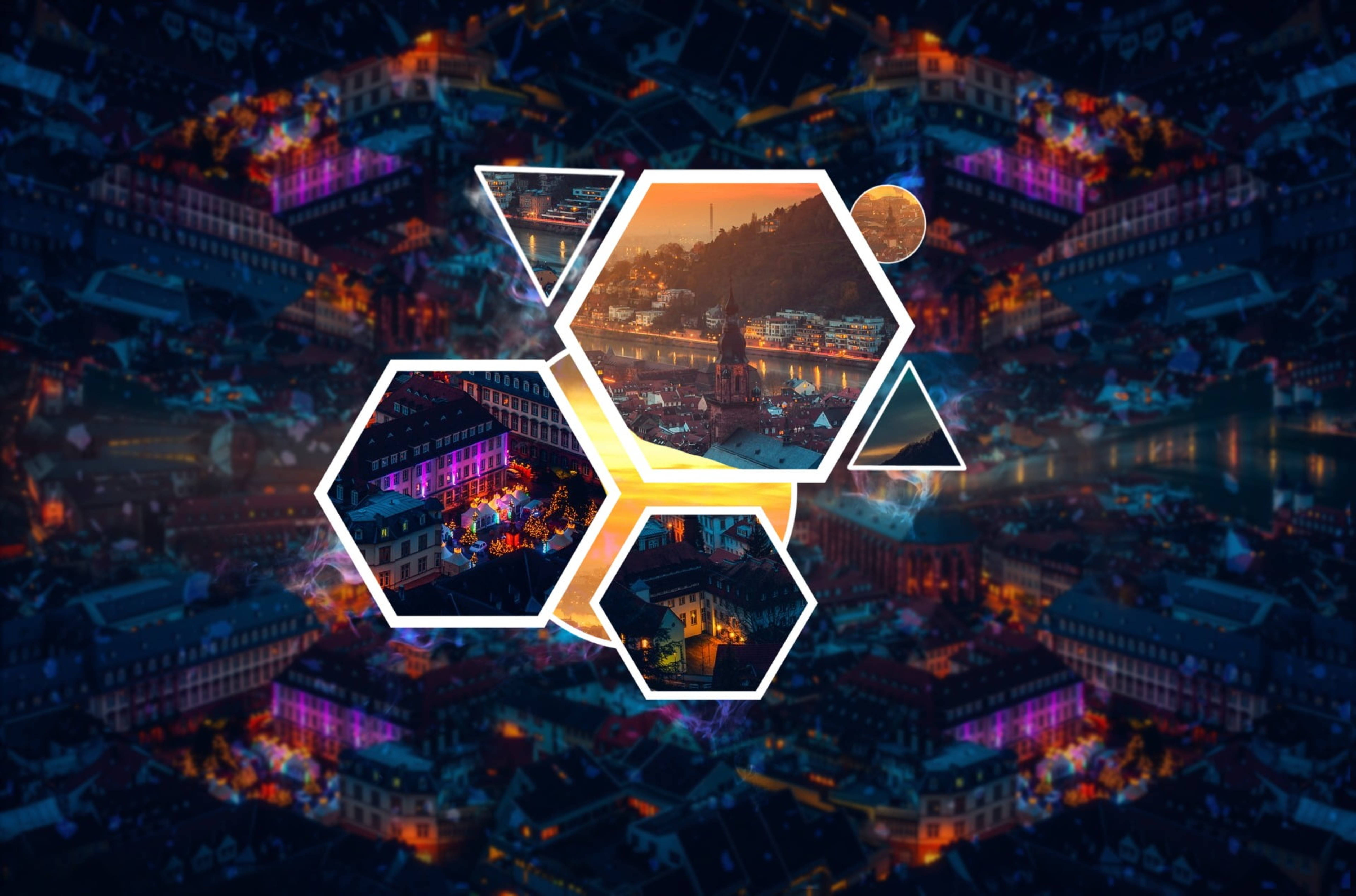 Polyscape 桌布 壁紙 — 未來主義的城市夜景，帶有發光的霓虹燈和六邊形框架，展示充滿活力的城市場景。