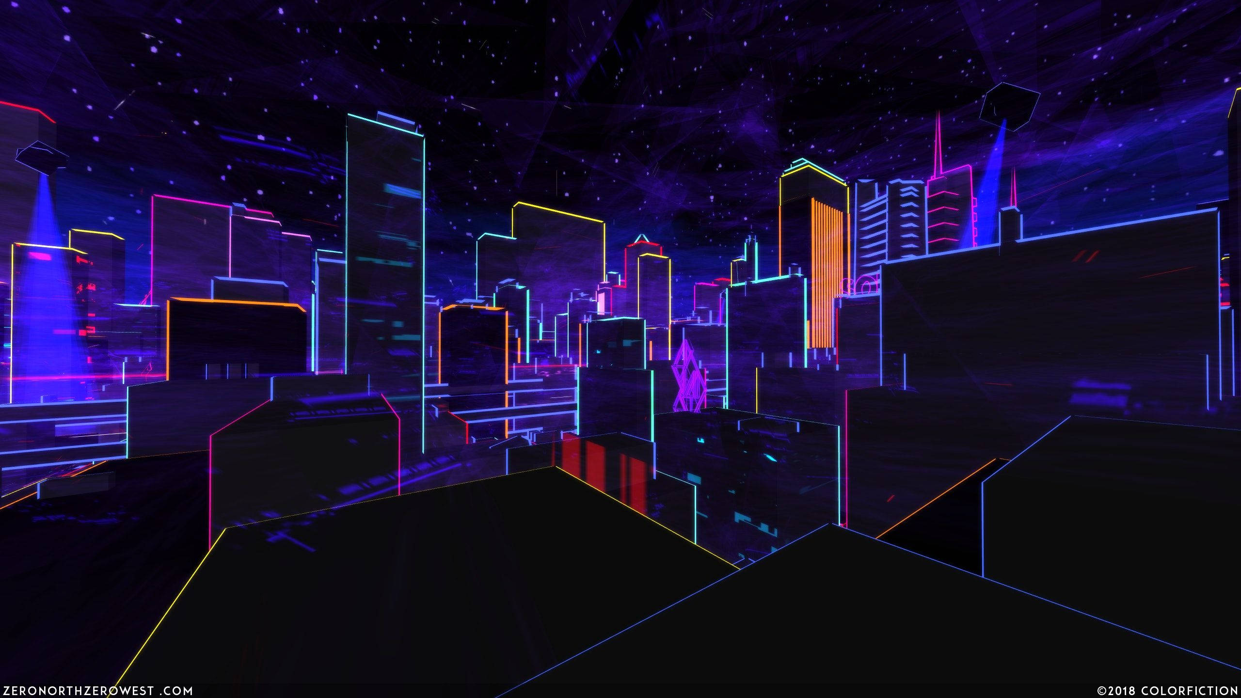 霓虹城市動態圖 桌布 壁紙 — 未來主義的城市夜景，摩天大樓的發光霓虹輪廓映襯著繁星點點的紫色天空。