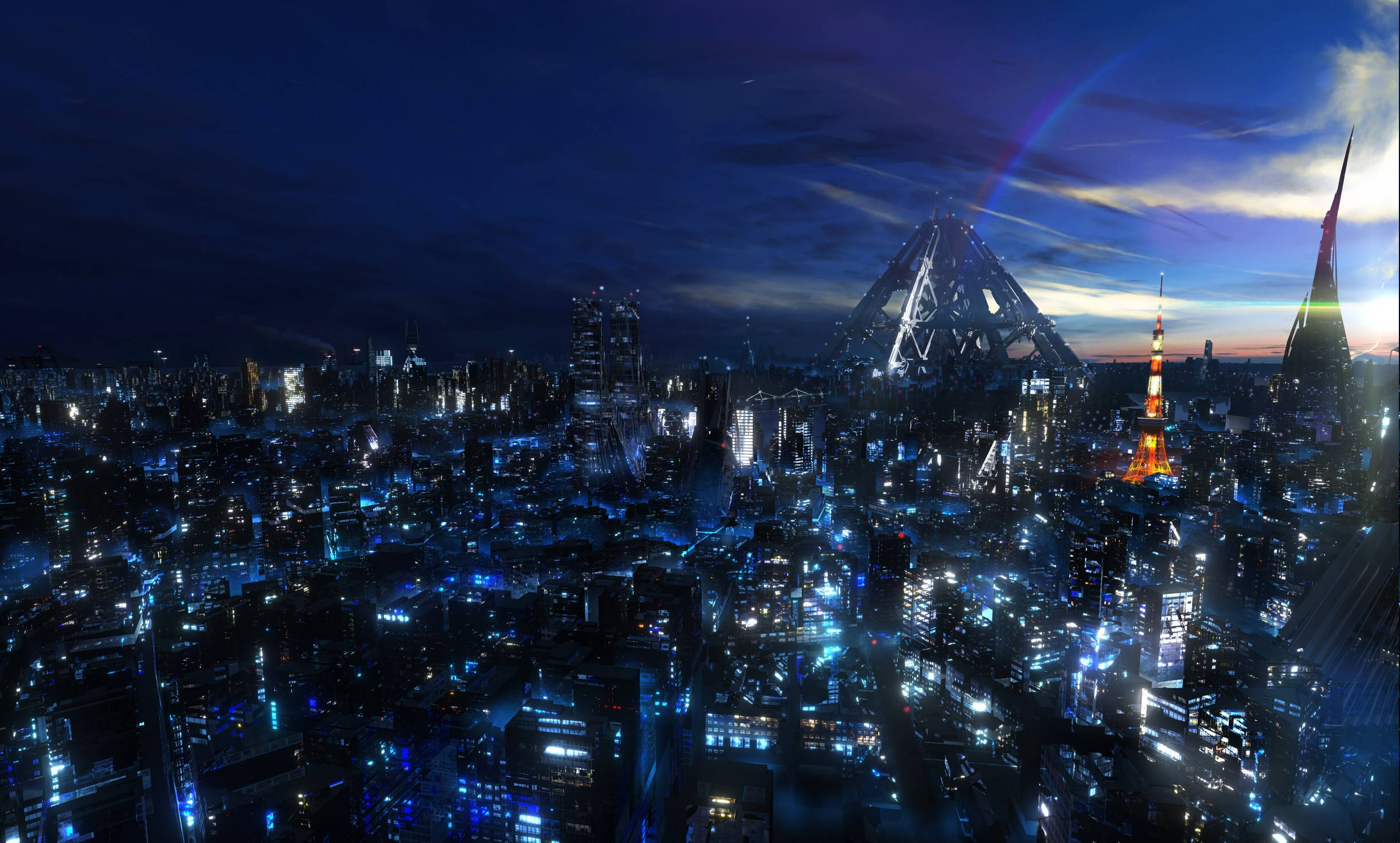Skyscraper 桌布 壁紙 — 未來主義的城市夜景，有發光的摩天大樓和一道彩虹拱起在山狀結構上。