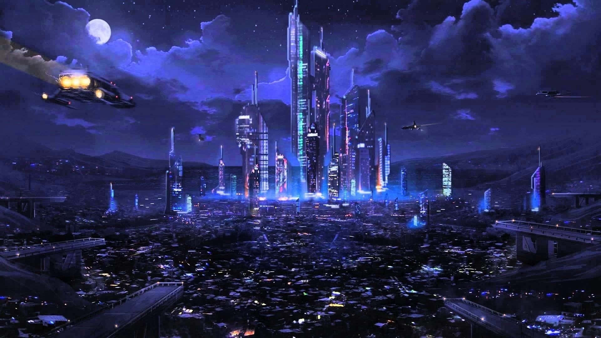 Future City 桌布 壁紙 — 未來主義的城市夜景，發光的摩天大樓、飛行車輛，以及一輪滿月在都市擴張上投射出紫色光芒。