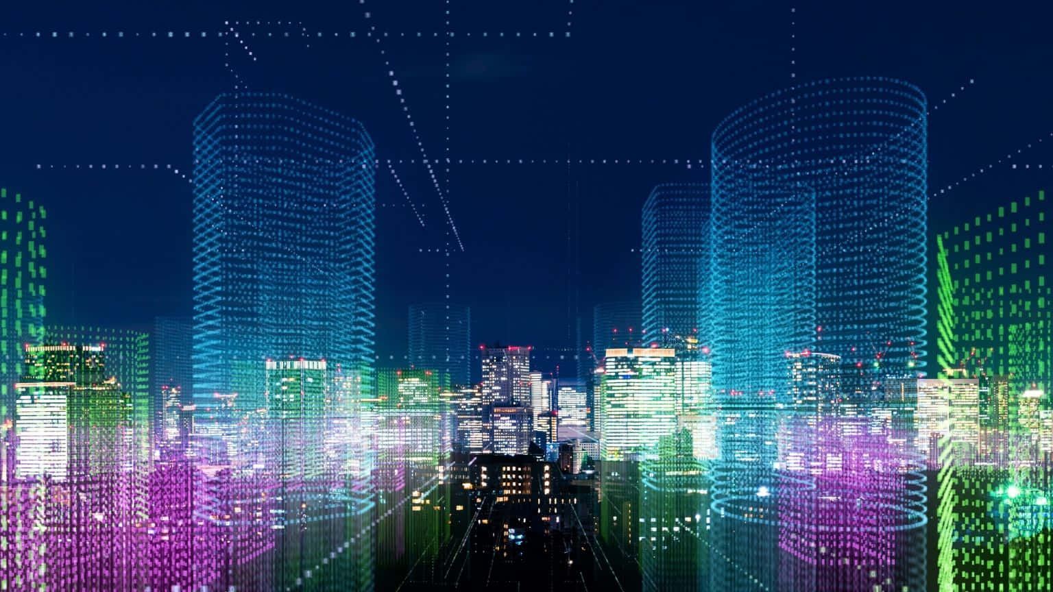 1536x864 桌布 壁紙 — 未來主義的城市夜景，發光的霓虹摩天大樓和數位數據流疊加在城市天際線上。