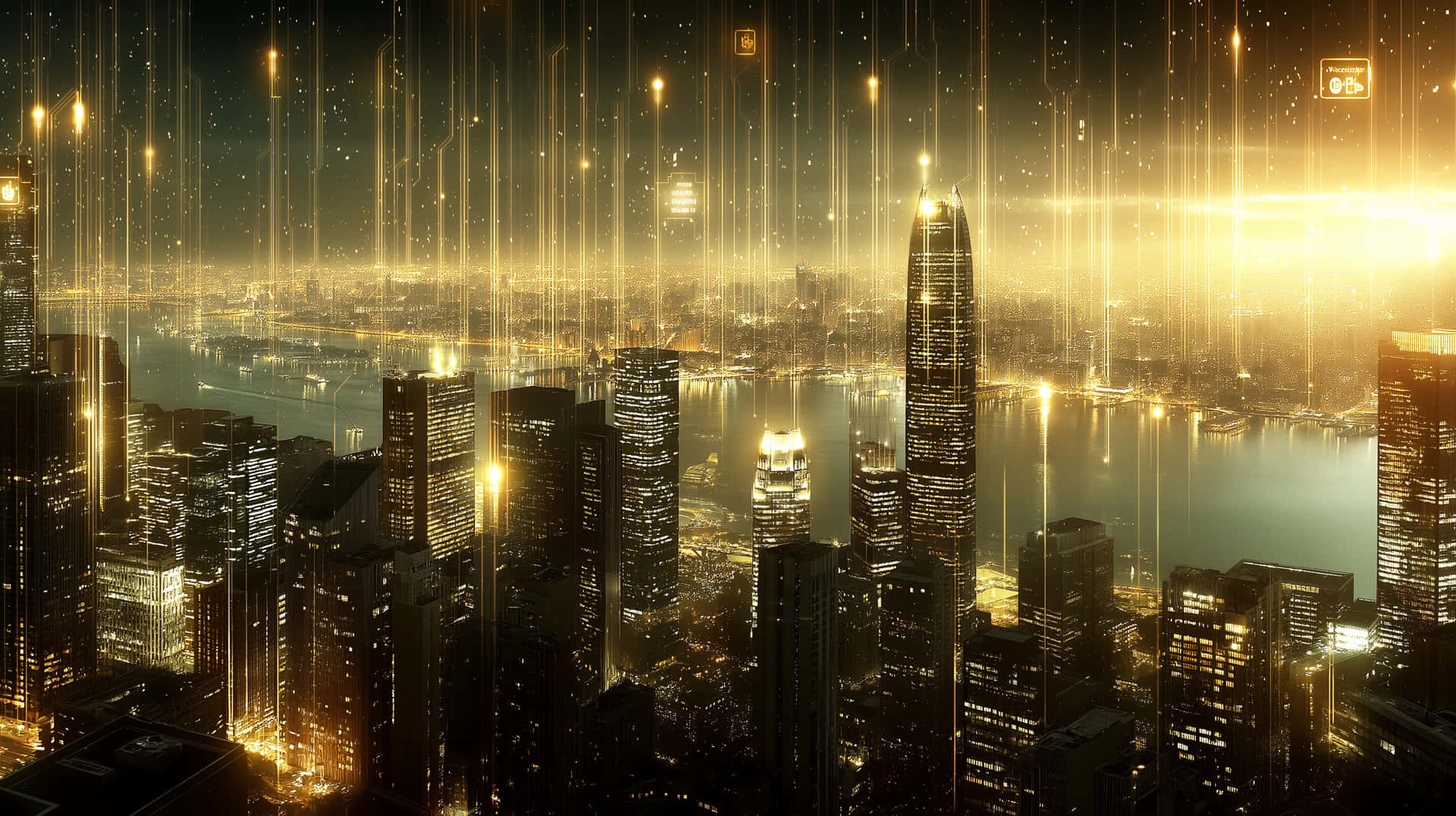 Digital Finance Skyline 壁紙 — 未來主義的城市夜景，金色數位光束如瀑布般灑落在摩天大樓和發光的水岸上。