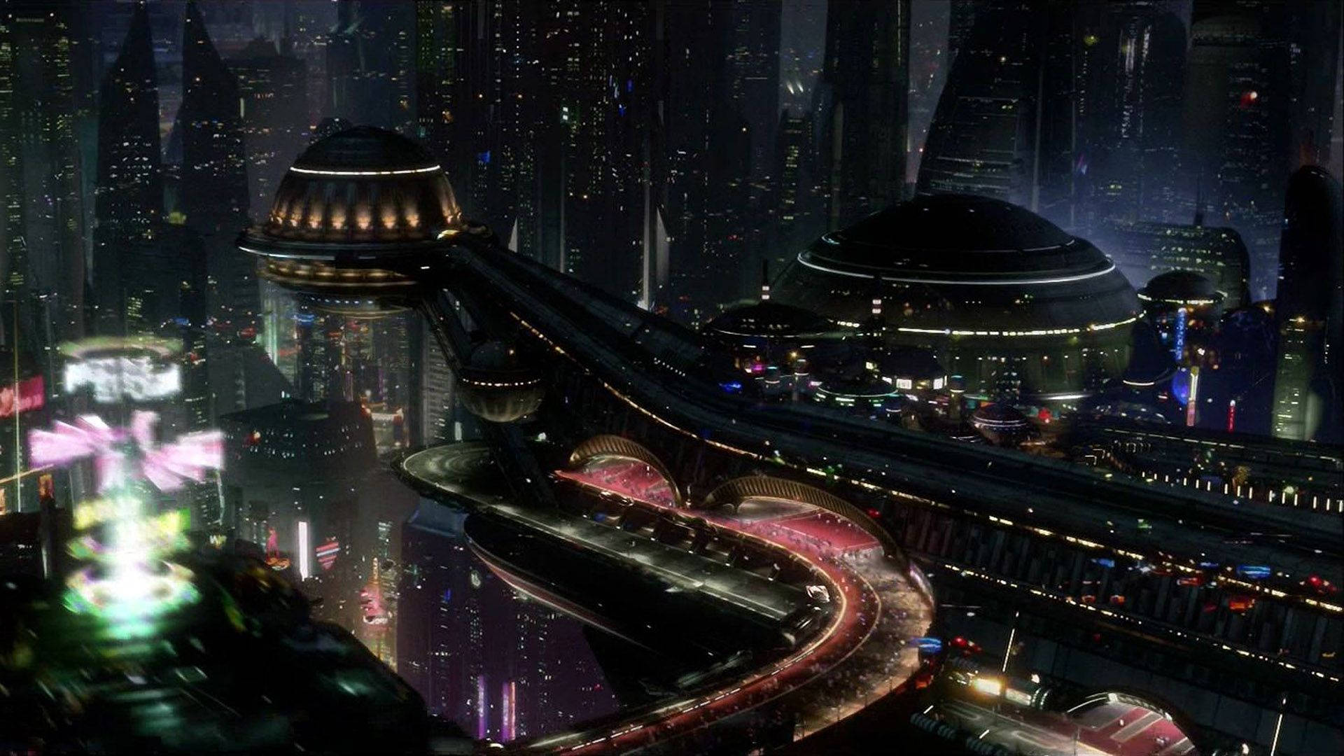 未來感 桌布 壁紙 — 未來主義的城市夜景，閃爍的霓虹燈和飛行車輛穿梭於高聳的摩天大樓之間。