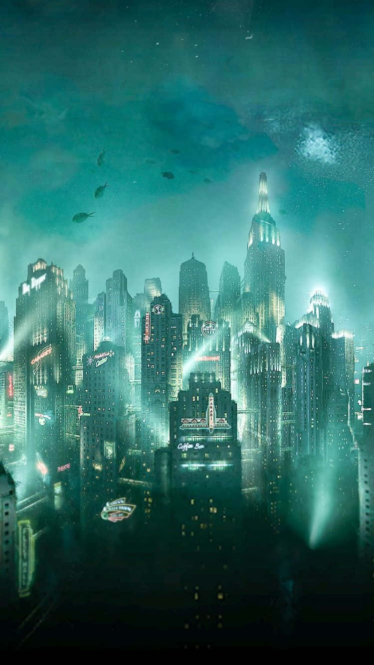 桌布 壁紙 — 未來主義的城市夜景，閃爍的霓虹燈和飛行車輛映襯著青綠色的天空。