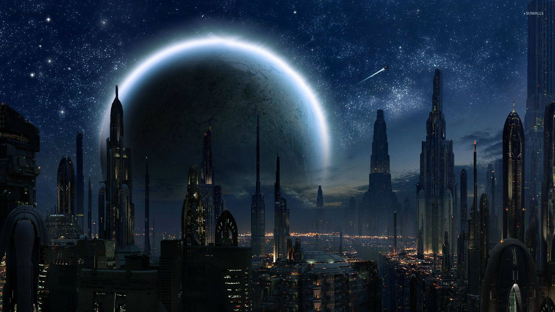 星際大戰 桌布 壁紙 — 未來主義的城市夜景，高聳的摩天大樓在巨大的發光行星和星空下。