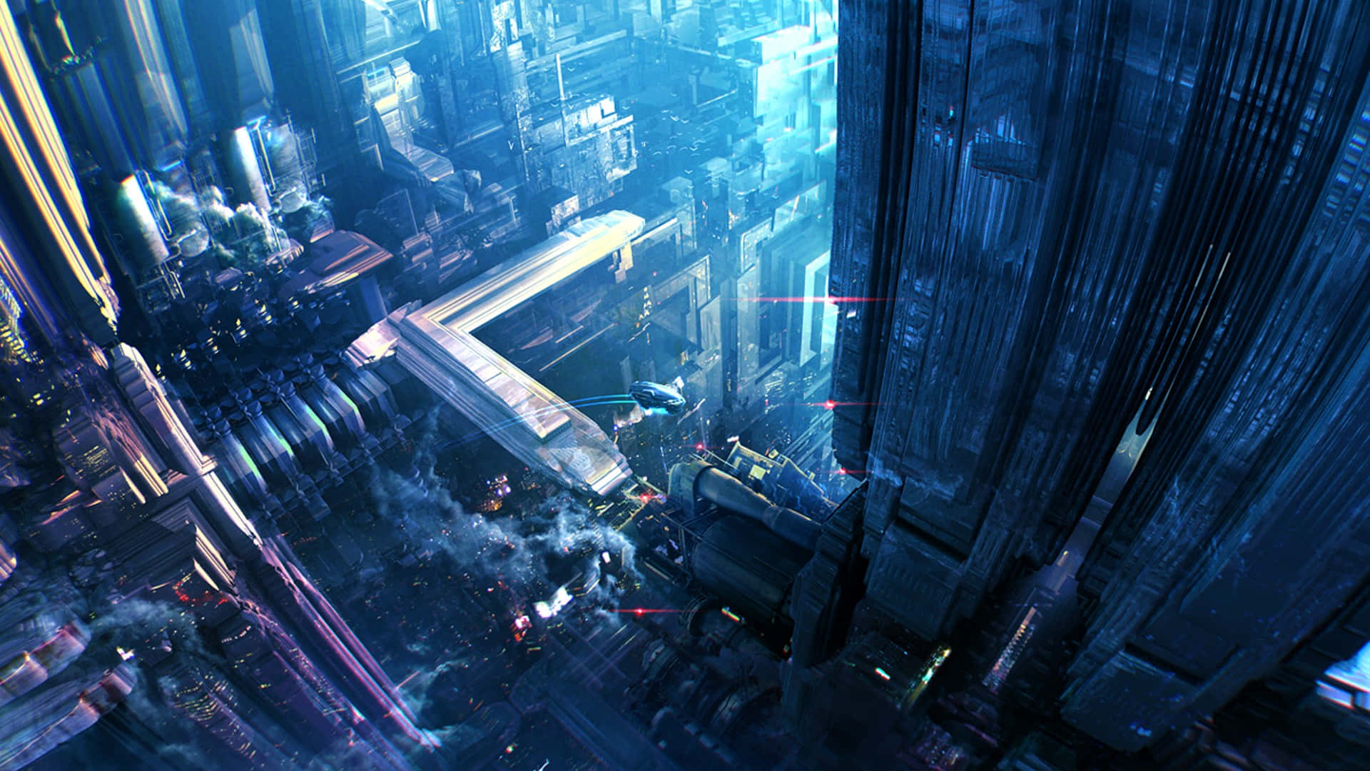 3d City 桌布 壁紙 — 未來主義的城市夜景，高聳的摩天大樓在霓虹燈和飛行車輛下閃耀。
