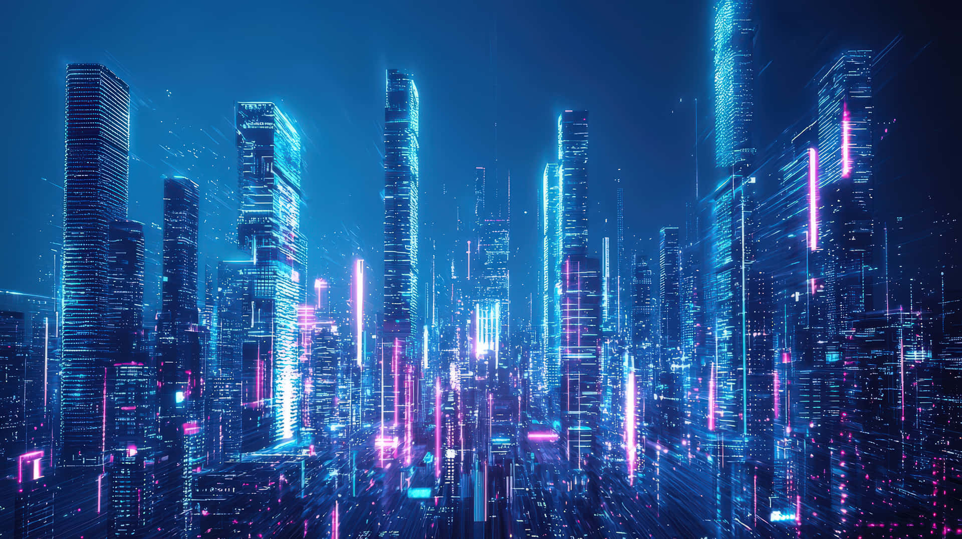 Futuristic neon-lit cityscape with towering skyscrapers at night. 壁紙 — 未來主義的城市夜景，高聳的摩天大樓閃爍著電光藍和充滿活力的粉紅色霓虹燈。