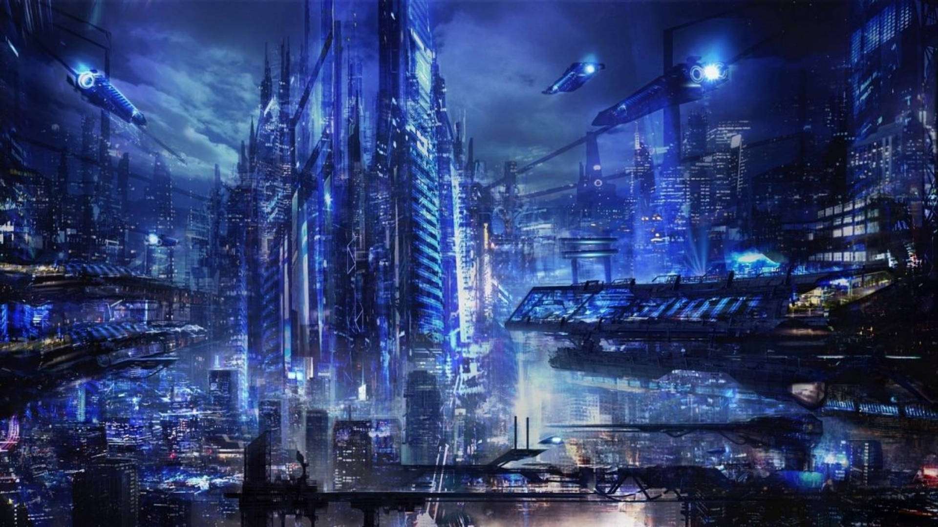 未來城市 桌布 壁紙 — 未來主義的城市夜景，高聳的霓虹燈摩天大樓和飛行車輛在黑暗的天空下。