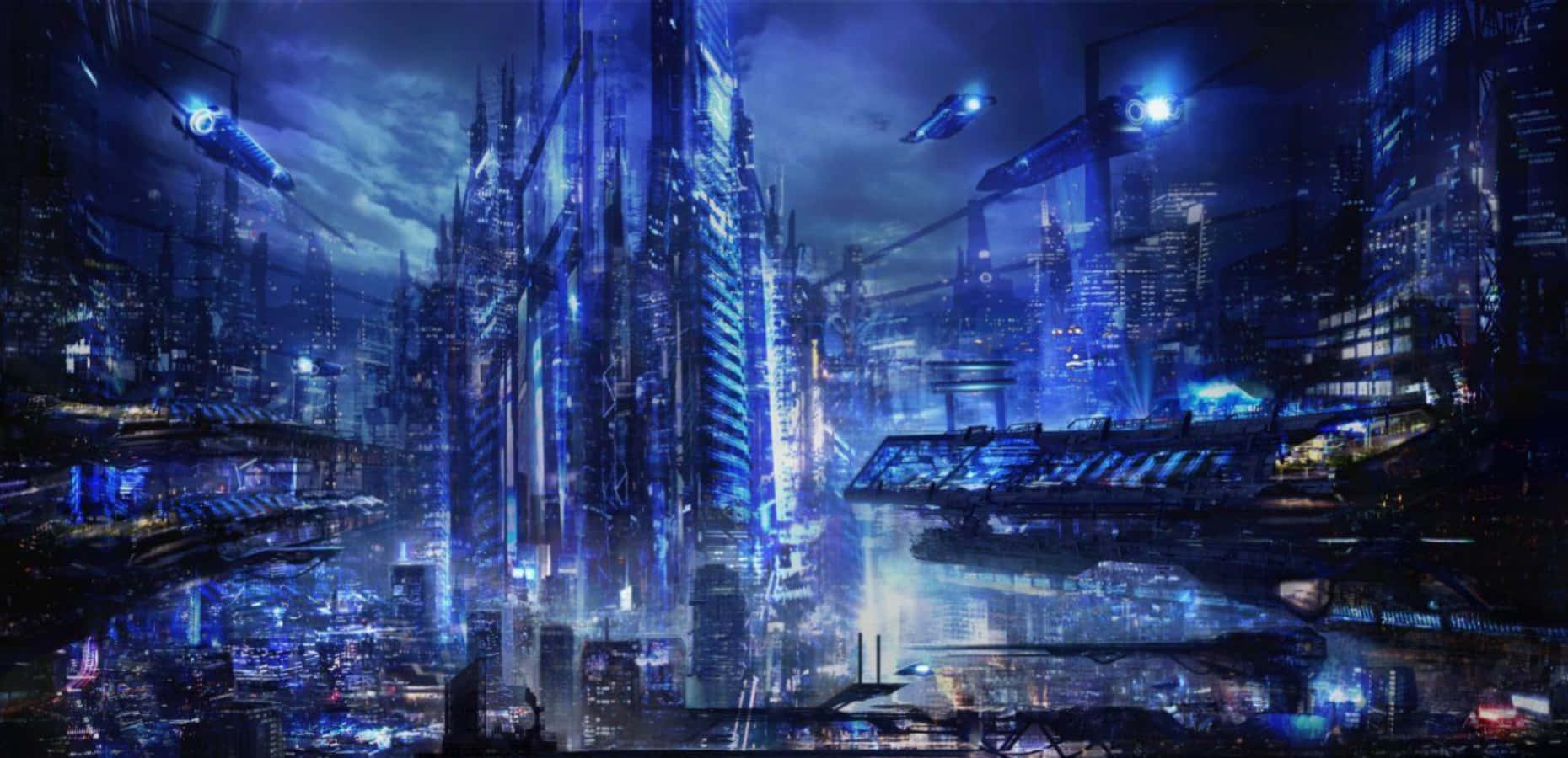 Future 桌布 壁紙 — 未來主義的城市夜景，高聳的霓虹燈摩天大樓和飛行車輛在發光的水道上反射。
