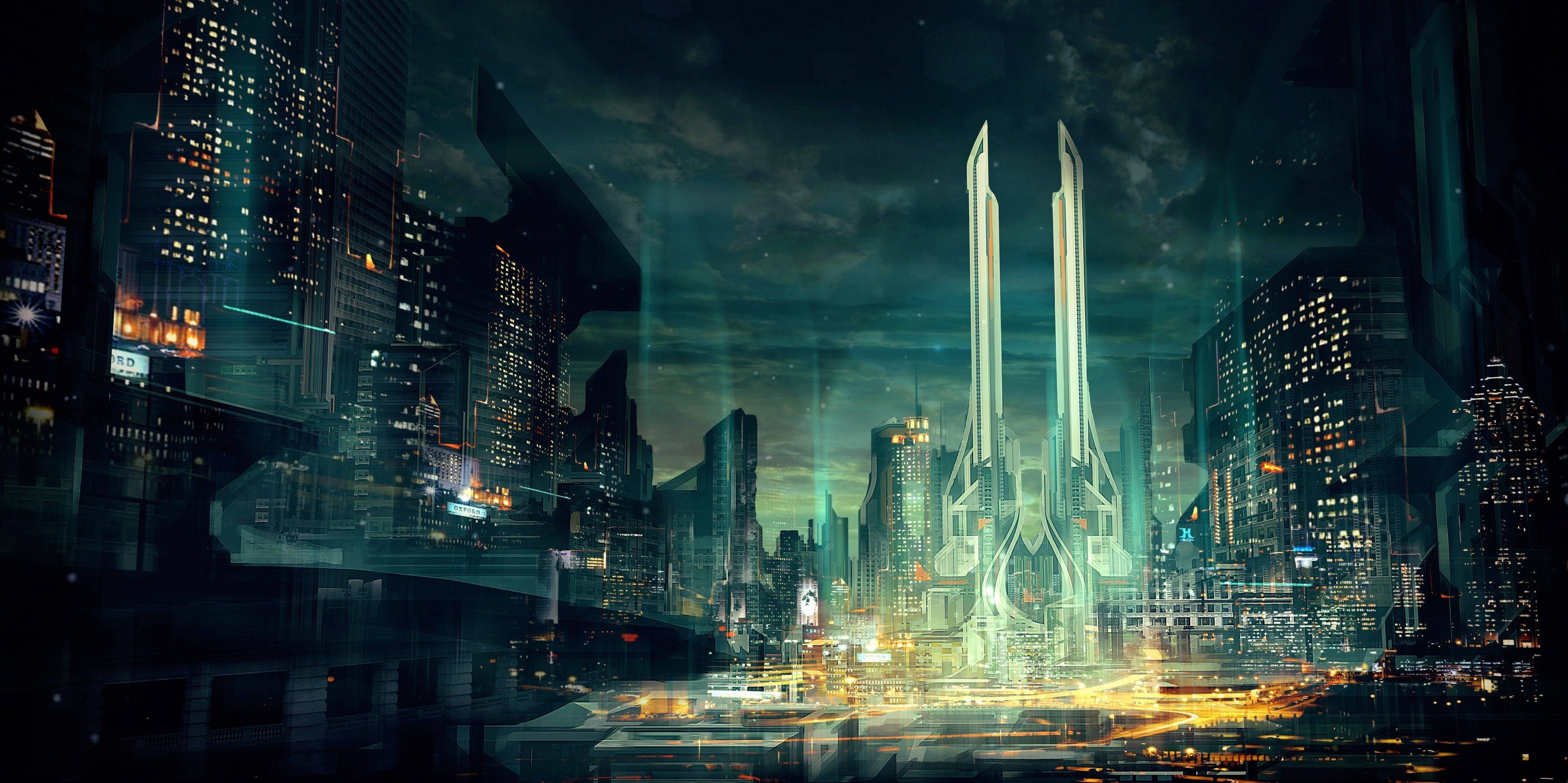 Futuristic City 桌布 壁紙 — 未來主義的城市夜景，高聳的霓虹燈摩天大樓和發光的中央尖塔，在黑暗多雲的天空下。