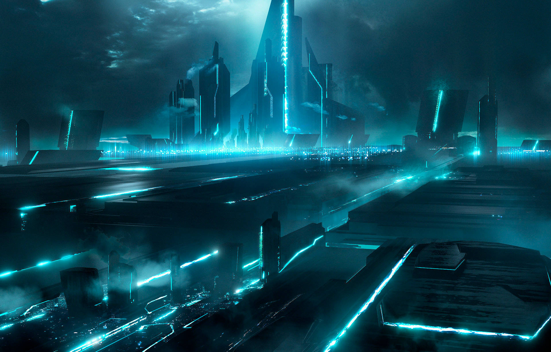 Energy 桌布 壁紙 — 未來主義的城市夜景，高聳的霓虹藍色摩天大樓和發光的街道，在黑暗多雲的天空下。