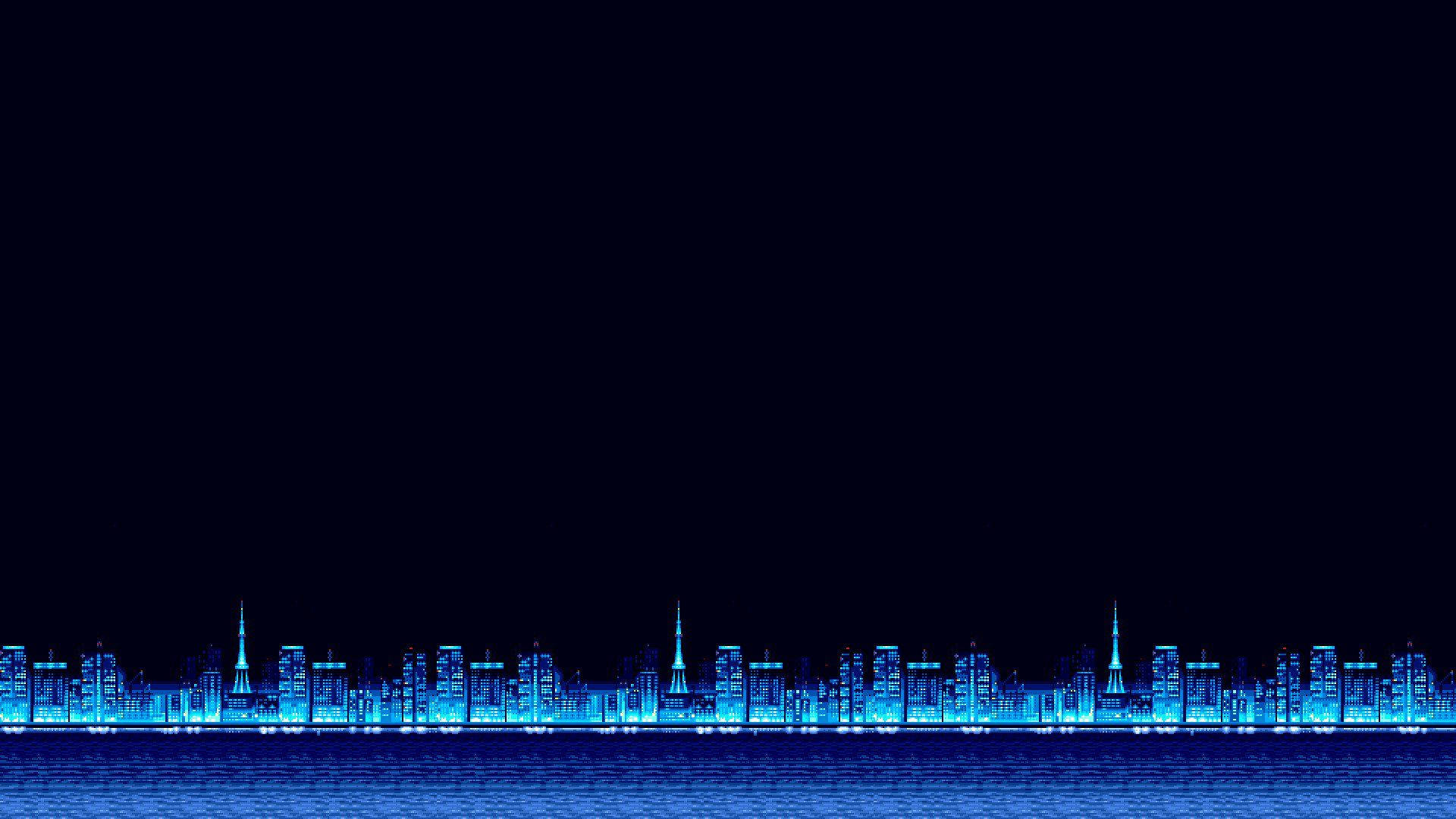 夜晚藍色燈光城市天際線倒映在水中 — 8 位元 GIF 壁紙