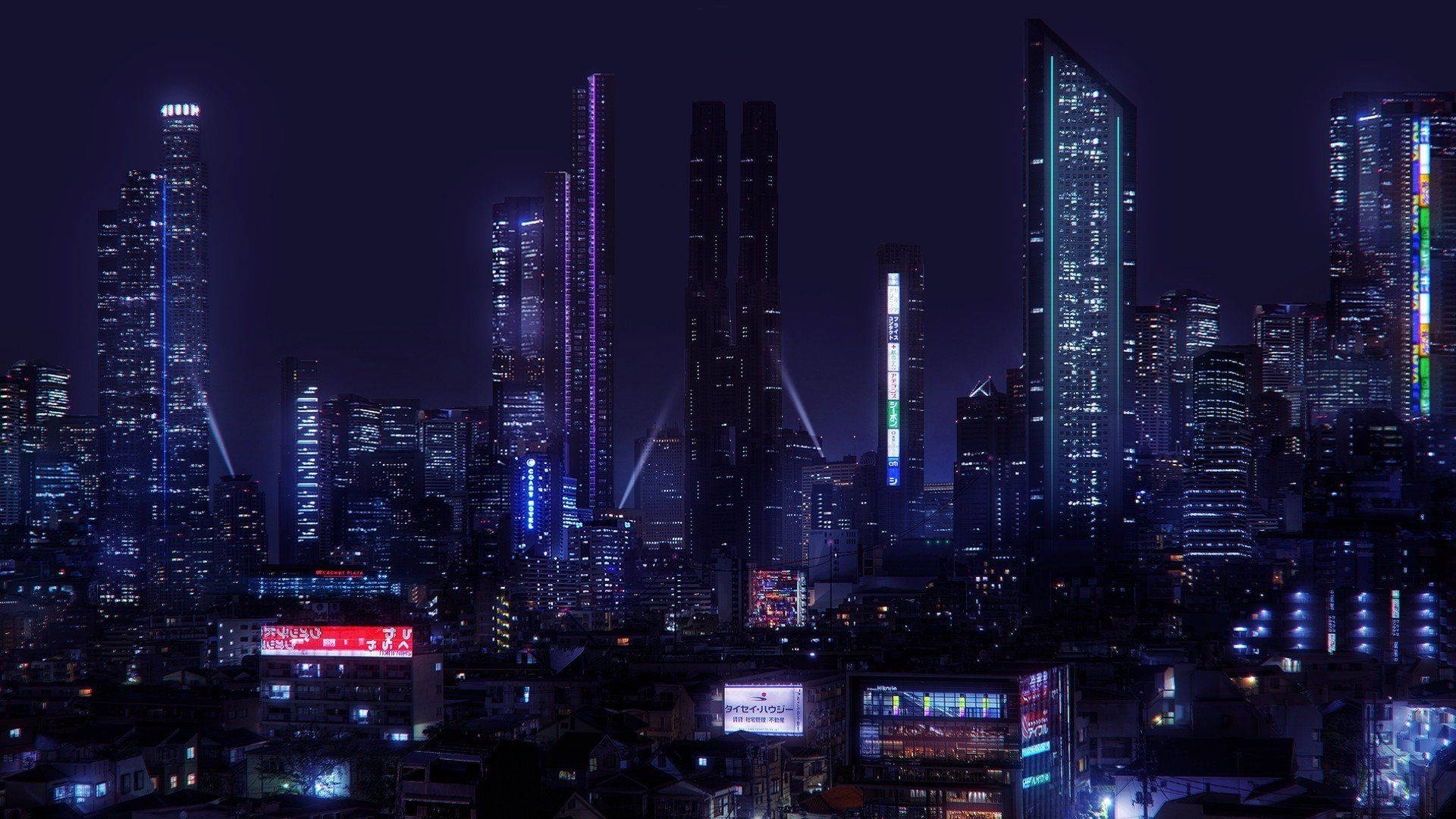 電馭叛客2077 桌布 壁紙 — 未來主義的城市天際線夜景，高聳的摩天大樓在黑暗的天空中閃爍著霓虹藍、紫和彩虹色的光芒。