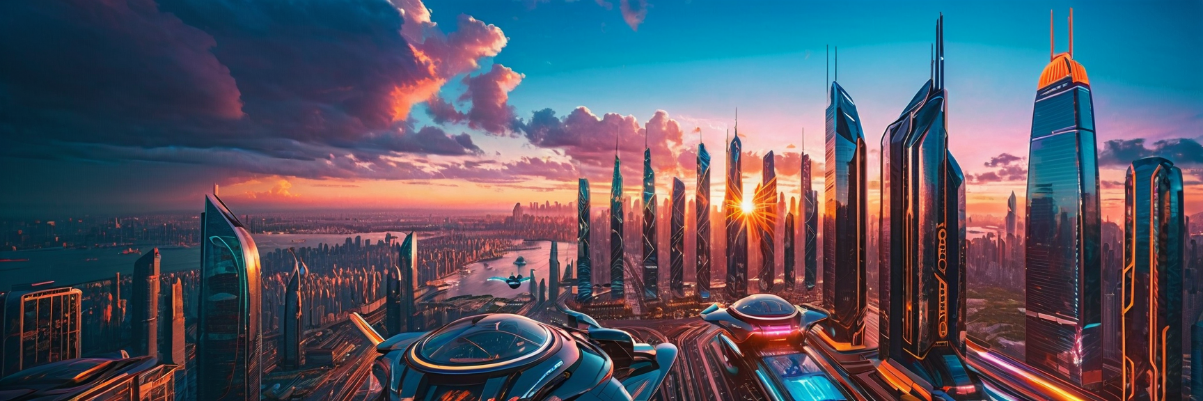 Celestial 桌布 壁紙 — 未來主義的城市景觀，夕陽下高聳的摩天大樓在充滿活力的橙色和紫色天空下閃耀。