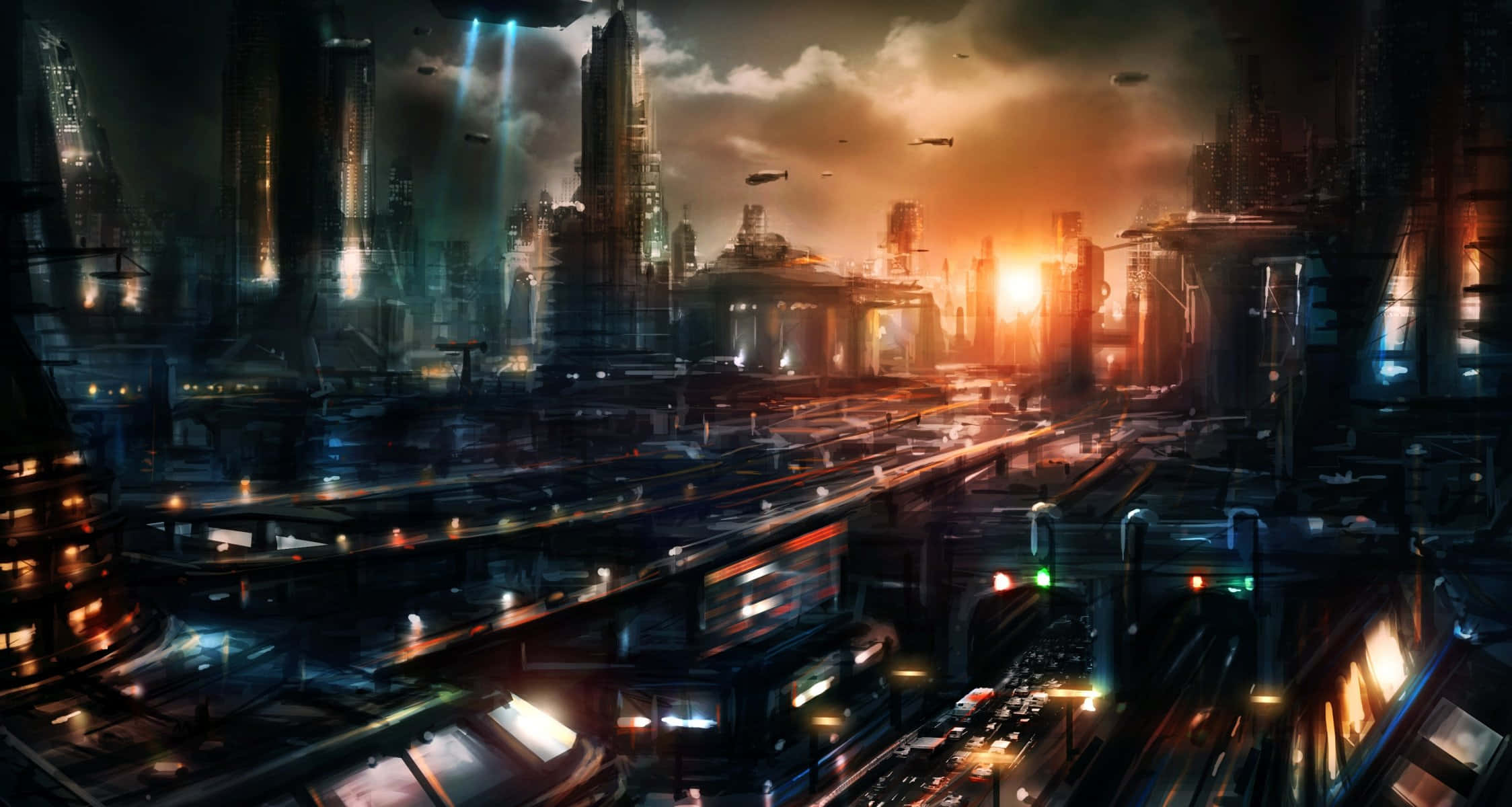 Dark Dystopian 桌布 壁紙 — 未來主義的城市景觀，日落時分，高聳的摩天大樓在火紅的橙色天空下發光，飛行車輛穿梭其中。