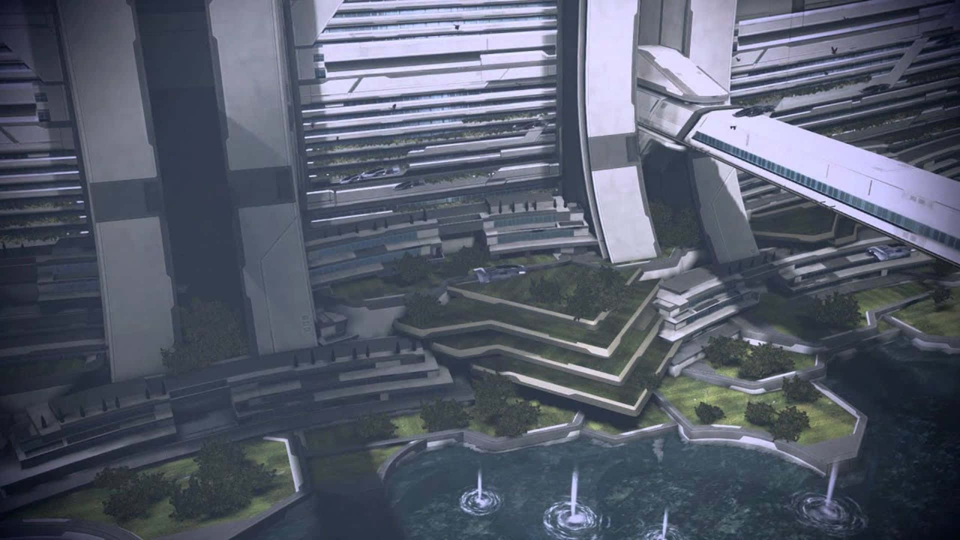 Mass Effect Citadel 桌布 壁紙 — 未來主義的城市景觀，有高聳的白色建築、綠色梯田花園和下方的噴泉。