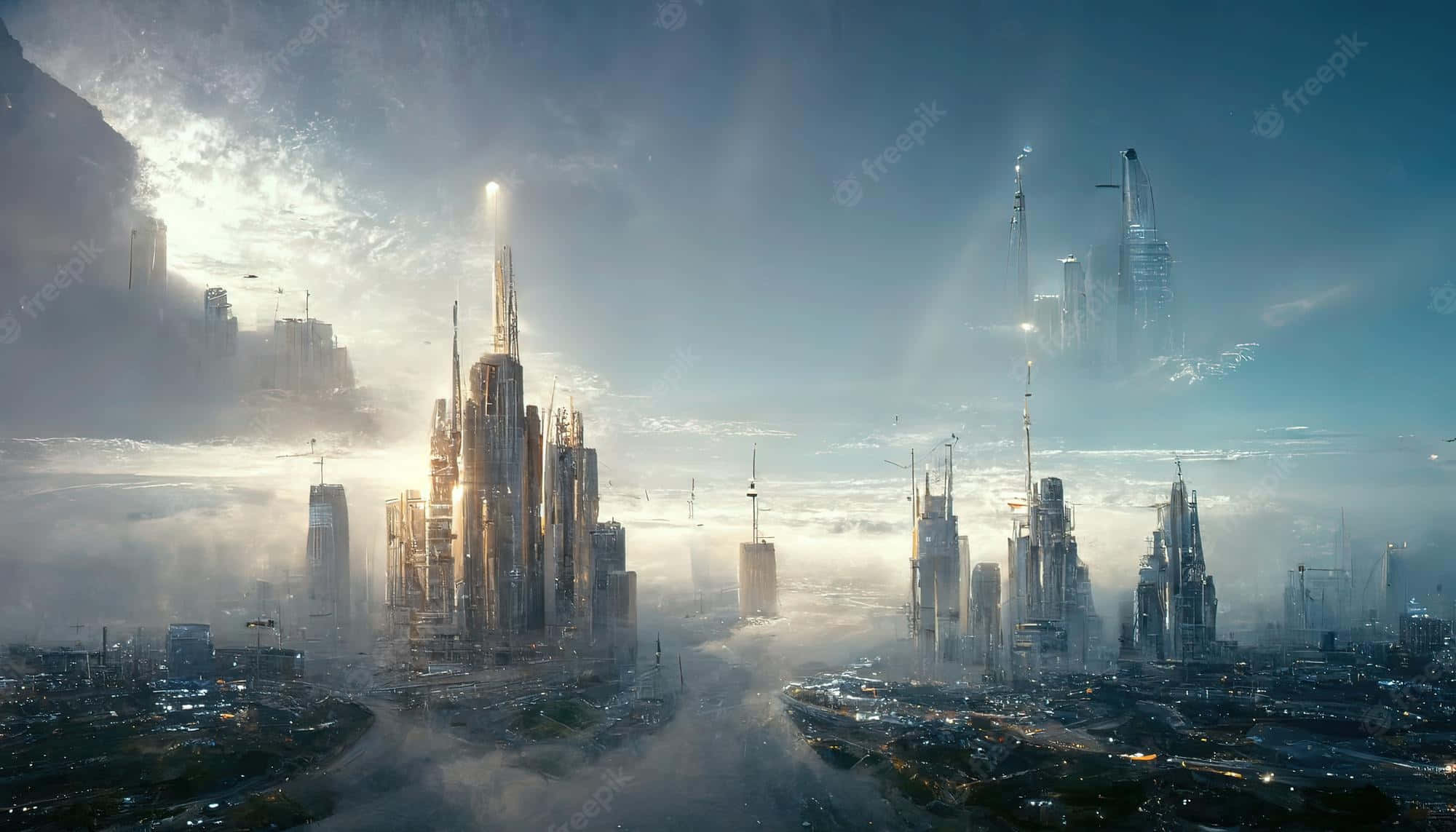 Future City 桌布 壁紙 — 未來主義的城市景觀，高聳的摩天大樓在明亮的陽光下穿透霧雲。