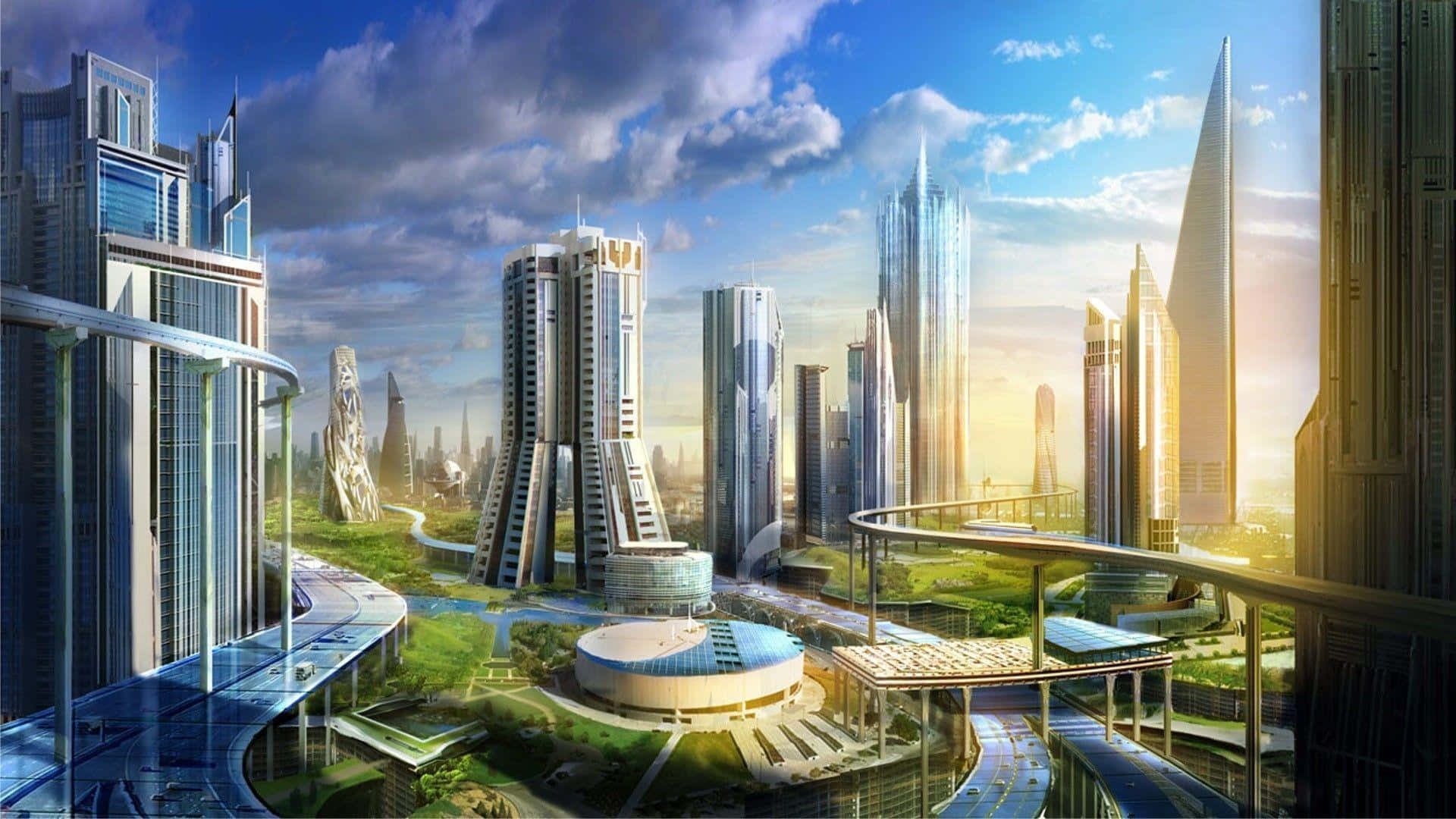 Futuristic City 桌布 壁紙 — 未來主義的城市景觀，高聳的玻璃摩天大樓和高架高速公路沐浴在金色的日落光芒中。