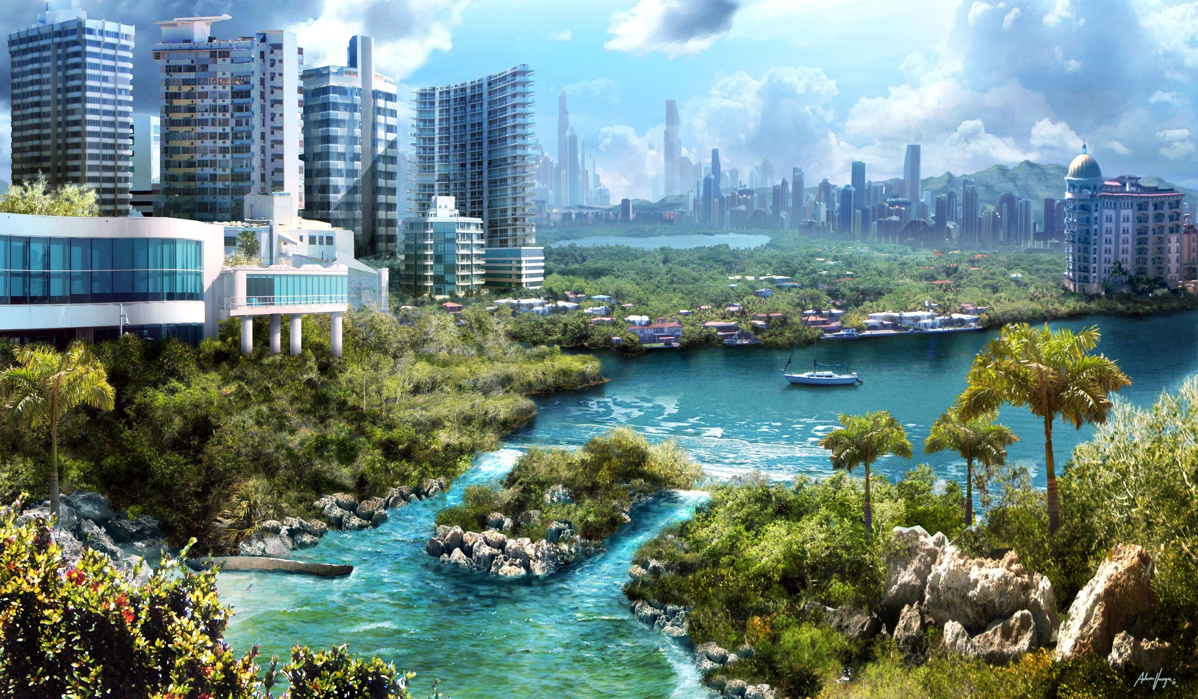 3d City 桌布 壁紙 — 未來主義的城市景觀融合了現代摩天大樓、茂密的熱帶綠植和碧綠水道，在明亮的藍天下。