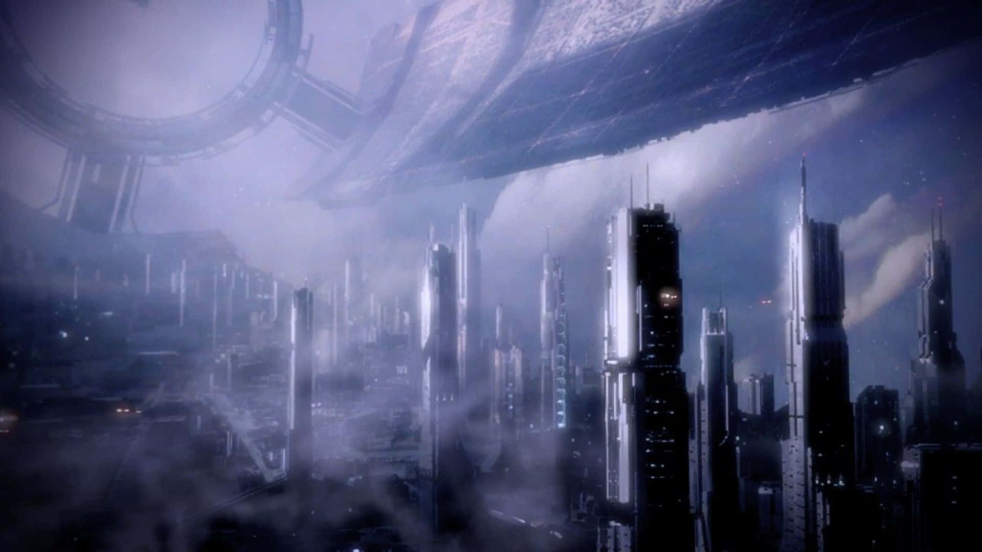 Mass Effect Citadel 桌布 壁紙 — 未來主義的夜景，高聳的摩天大樓和一個巨大的環形太空站在迷濛的藍色調中若隱若現。