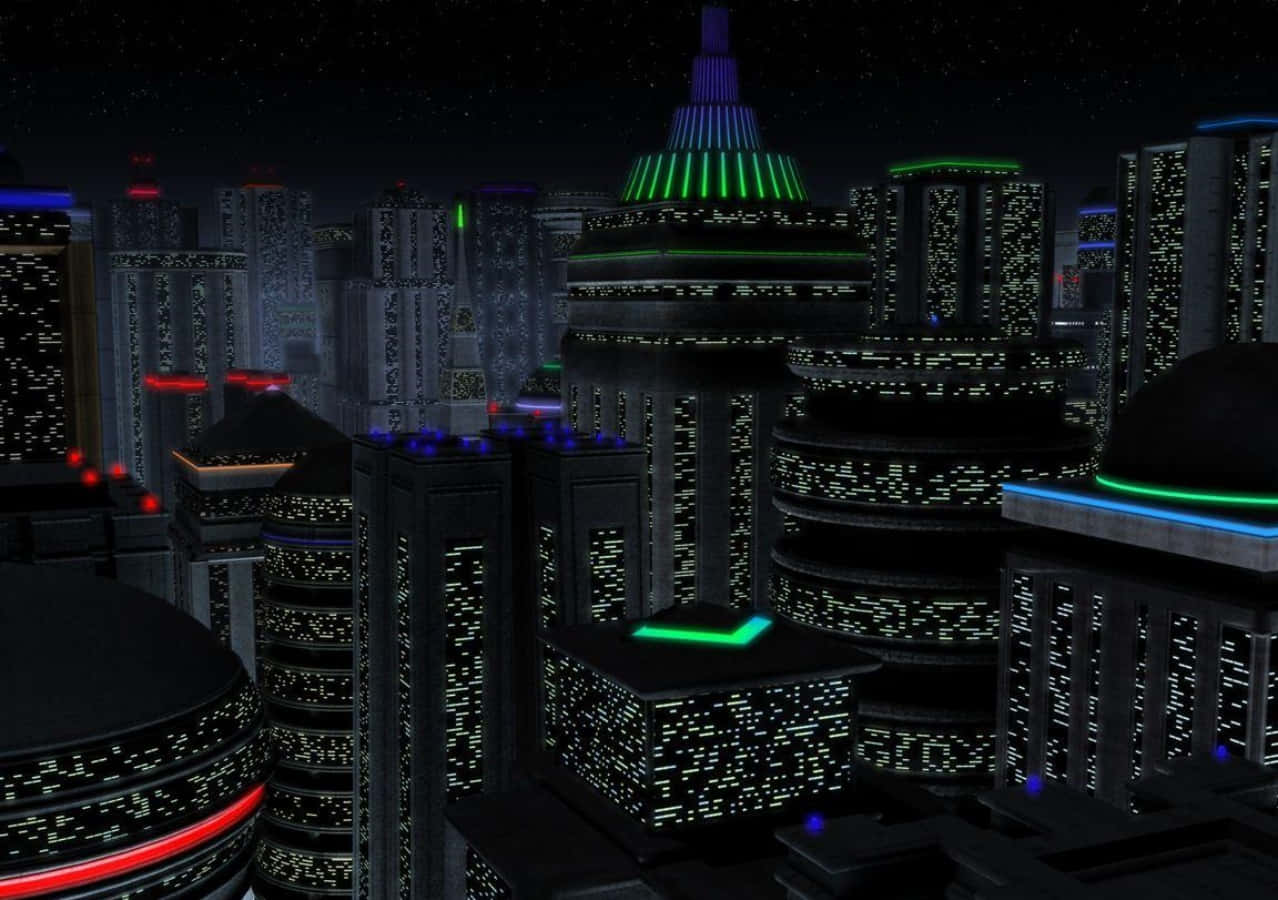 程式設計 桌布 壁紙 — 未來主義的夜景，高聳的摩天大樓在星空下閃爍著霓虹綠、藍和紅光。