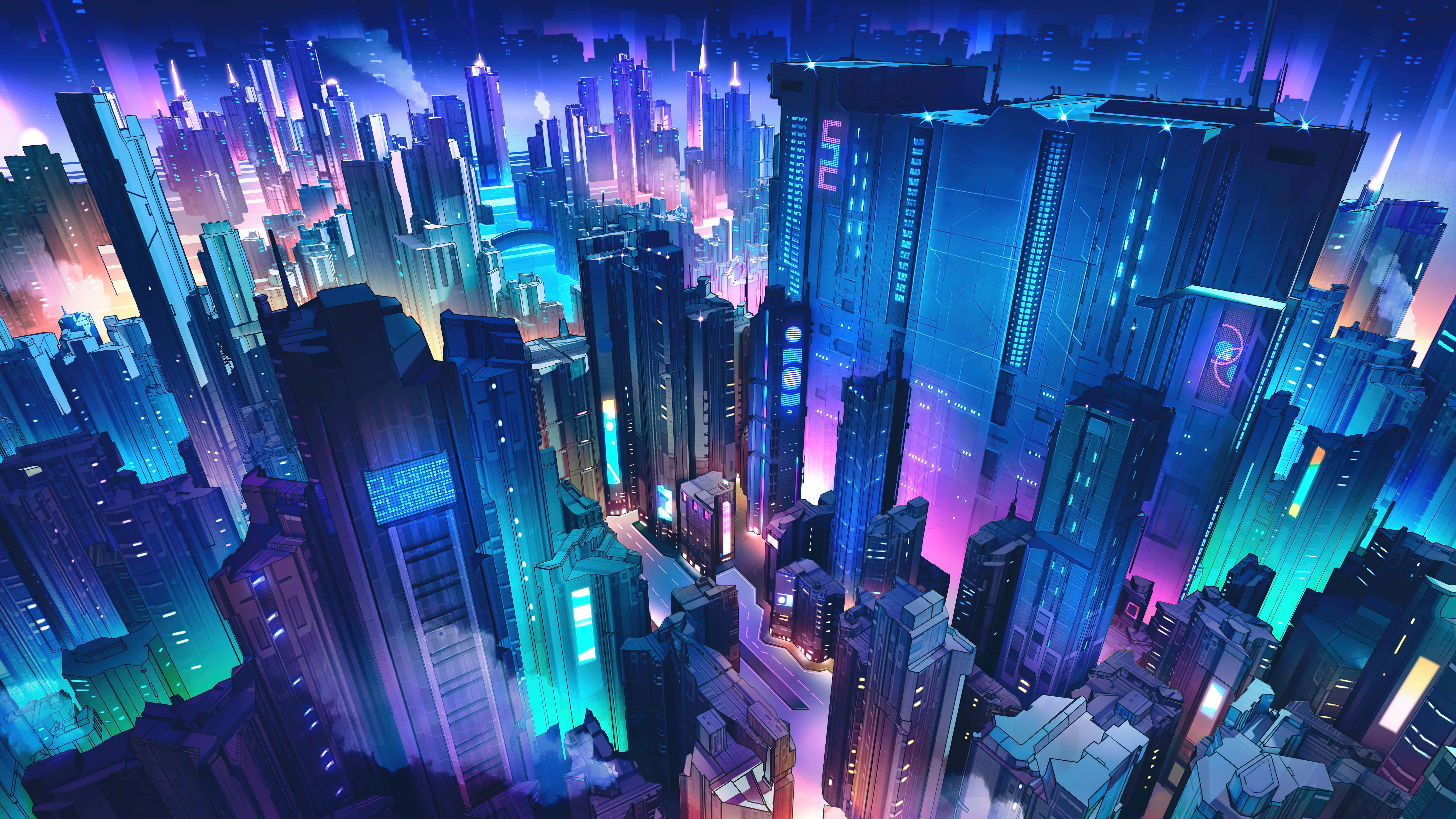 城市風景 桌布 壁紙 — 未來主義的夜景，高聳的摩天大樓在黑暗的天空下閃爍著霓虹藍、紫和粉紅色。