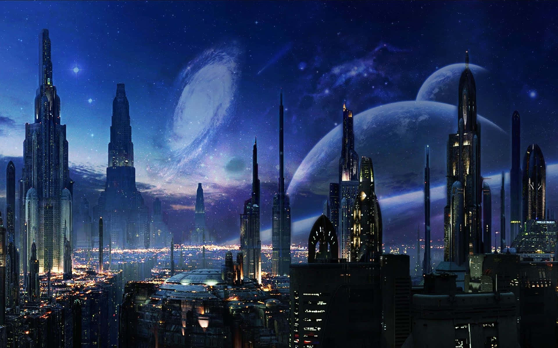 Future 桌布 壁紙 — 未來主義的夜景城市景觀，在星空下聳立著摩天大樓，並有銀河和大型月亮。