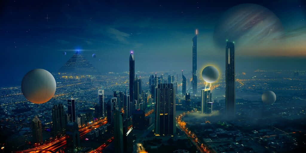 Space Colonization 桌布 壁紙 — 未來主義的夜景城市景觀，有發光的摩天大樓和漂浮在星空中的行星。