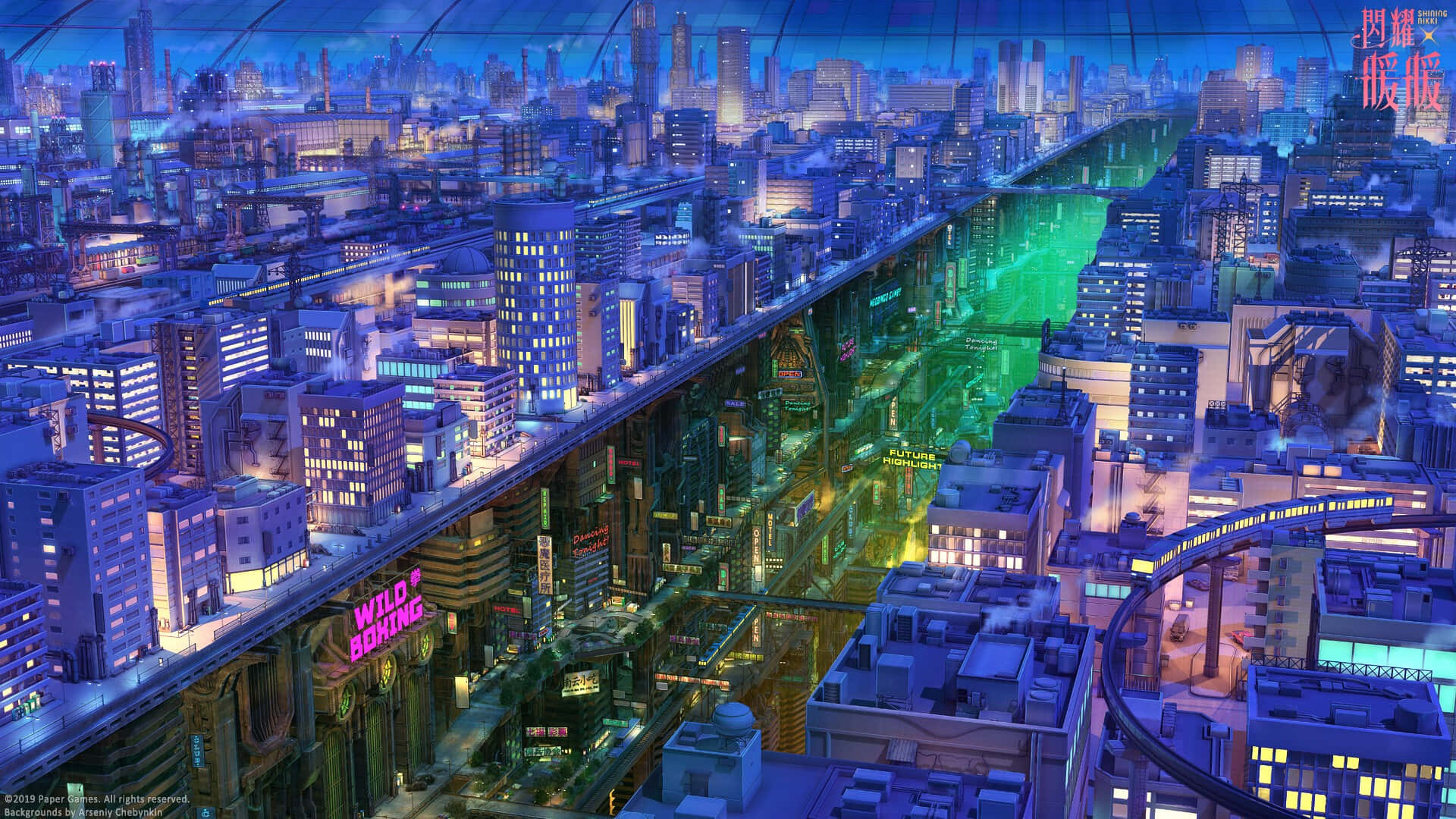 Future City 桌布 壁紙 — 未來主義的夜景城市景觀，閃爍的霓虹燈和一條充滿活力的綠色發光河流穿過高聳的摩天大樓。