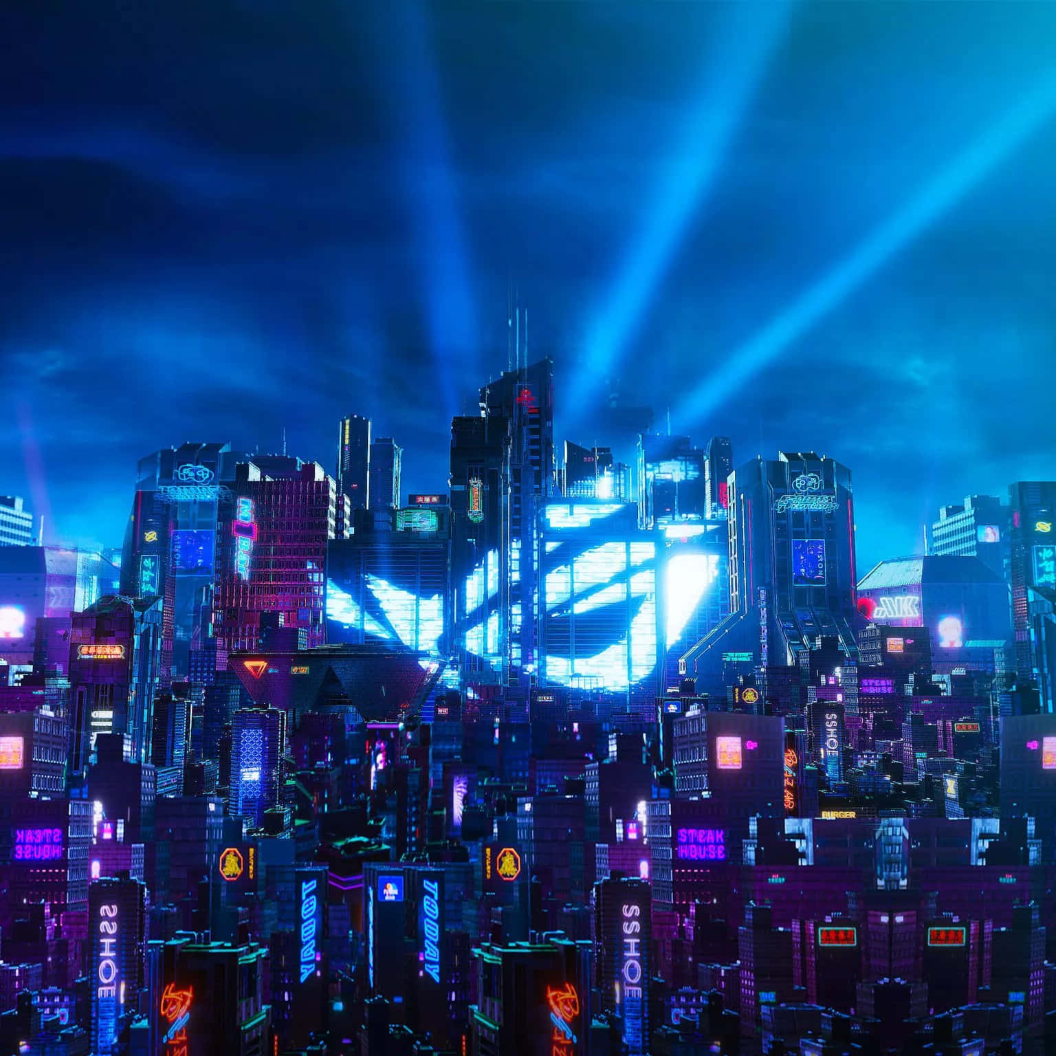 motion 桌布 壁紙 — 未來主義的夜景城市景觀，高聳的摩天大樓閃爍著霓虹燈光，藍色光束穿透黑暗的天空。