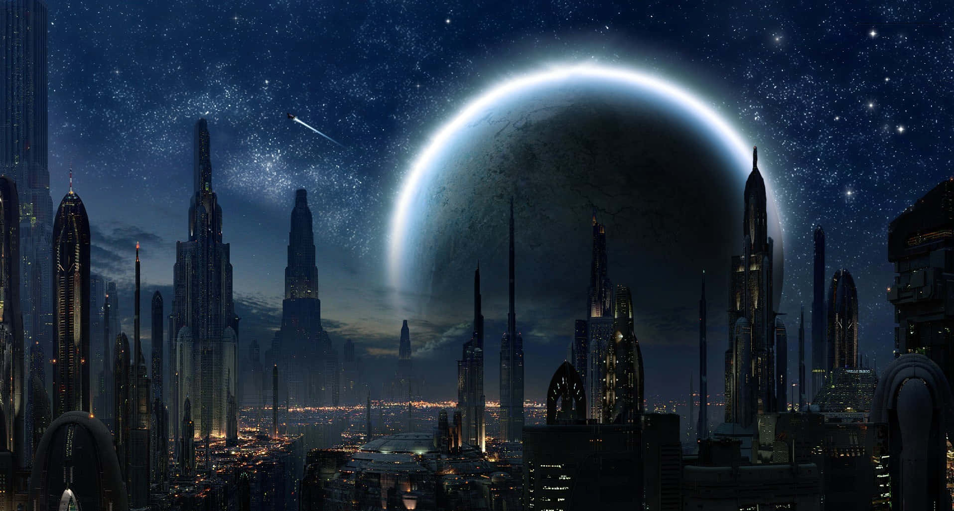 Star Wars Space 桌布 壁紙 — 未來主義的夜景城市景觀，高聳的摩天大樓在巨大的發光行星和星空下。