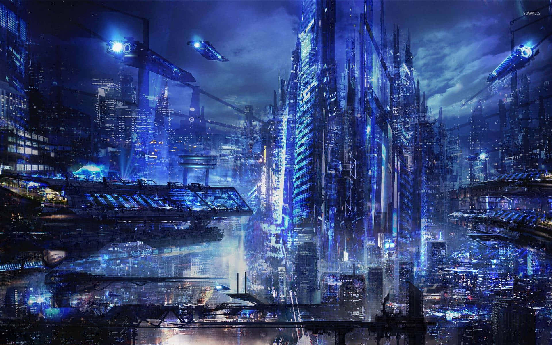 Cyberpunk Night City 桌布 壁紙 — 未來主義的夜景城市景觀，高聳的摩天大樓發出藍色光芒，飛行車輛在黑暗的天空中閃爍。