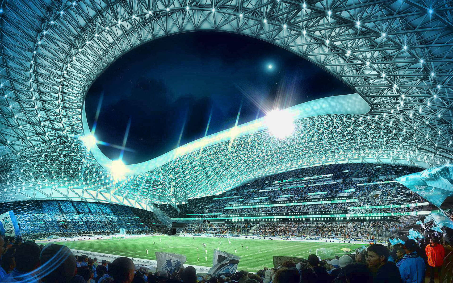 Stadium 桌布 壁紙 — 未來主義的夜間體育場，透過彎曲的屋頂可見閃爍的藍色燈光和星空。