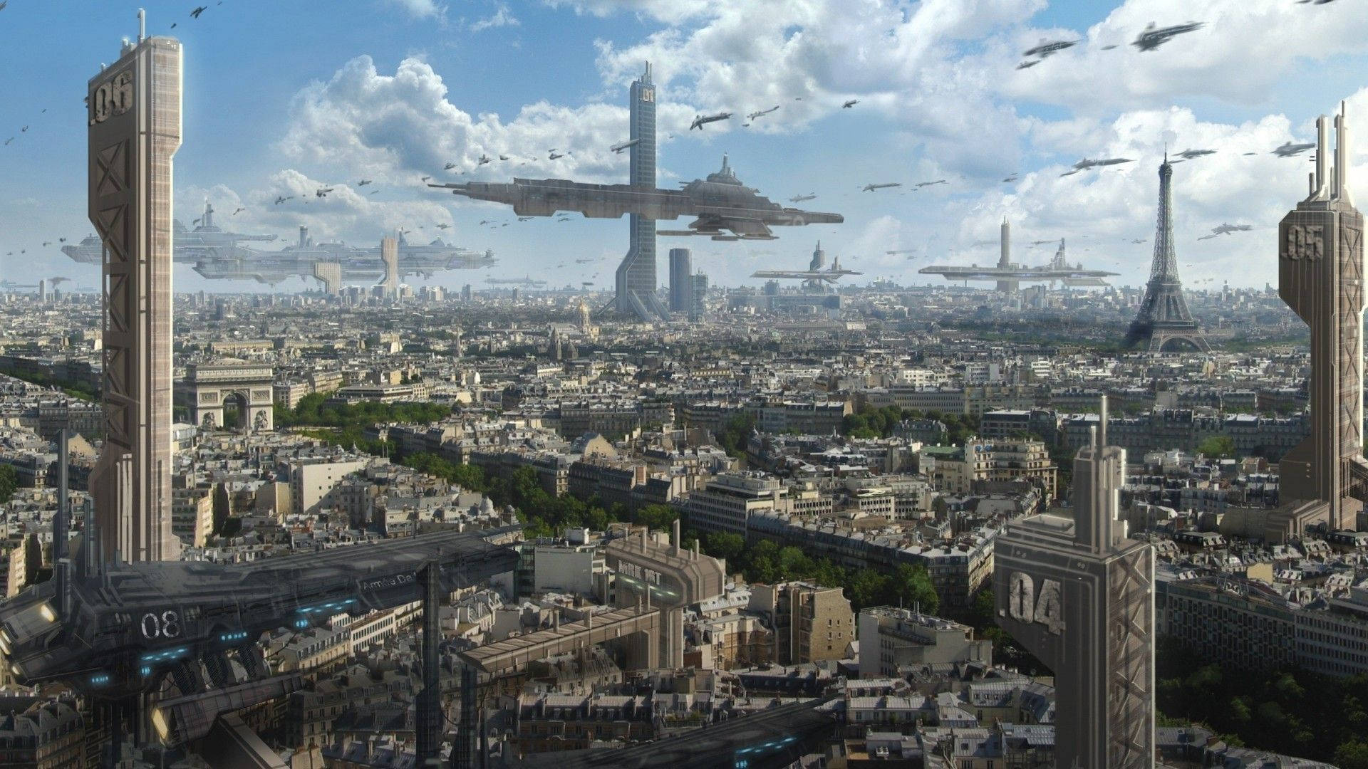 Futuristic City 桌布 壁紙 — 未來主義的巴黎天際線，飛行的太空船在明亮的藍天下翱翔於標誌性地標之上。