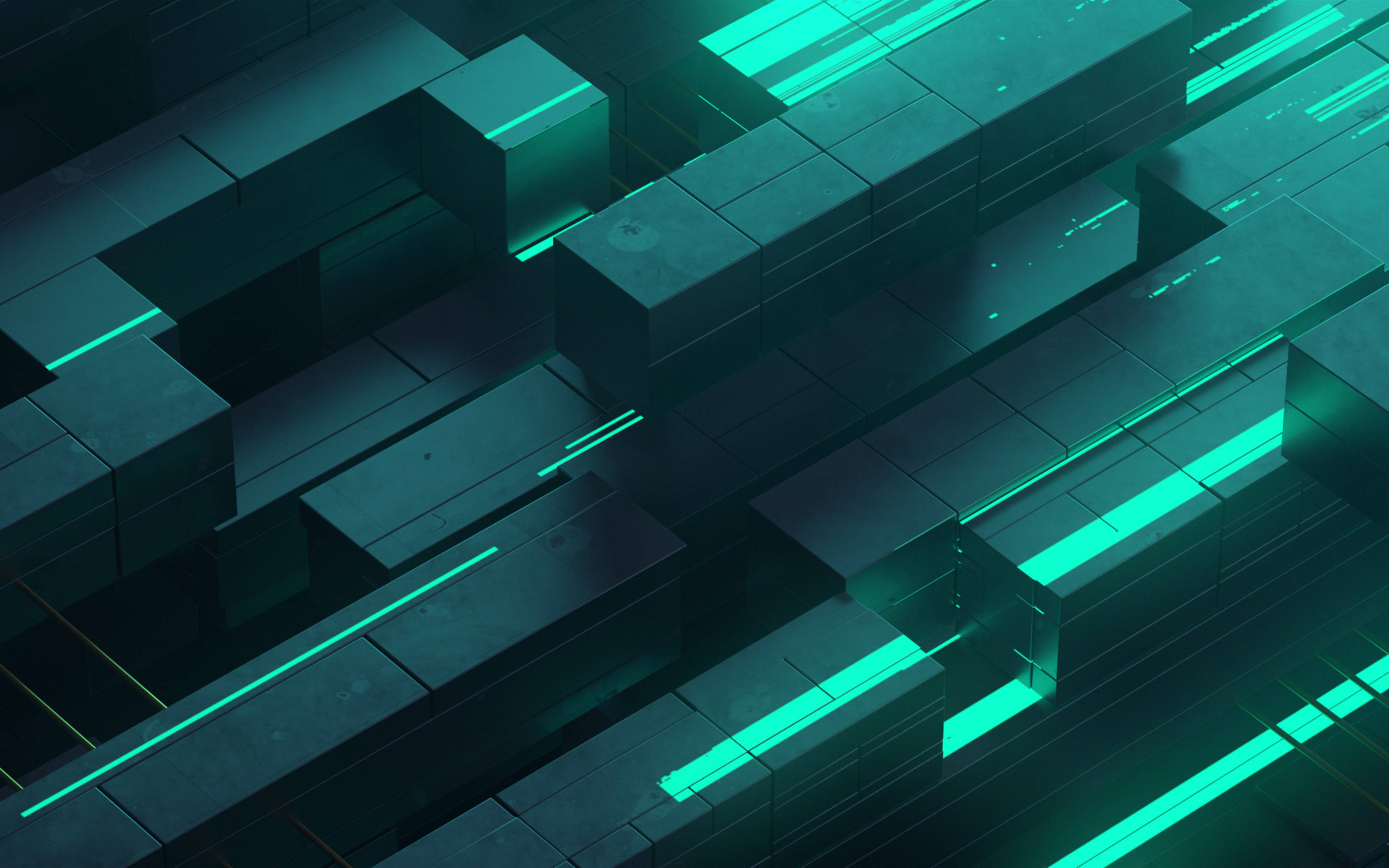 青色GIF 桌布 壁紙 — 未來主義的數位抽象風景，發光的青綠色線條穿梭於深色幾何區塊之間，呈現賽博龐克風格。