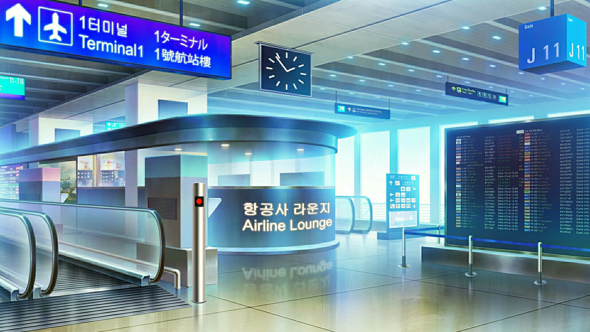 Airport 桌布 壁紙 — 未來主義的機場航廈休息室，設有發光藍色標誌、電扶梯和數位航班顯示板，在明亮的人造燈光下。