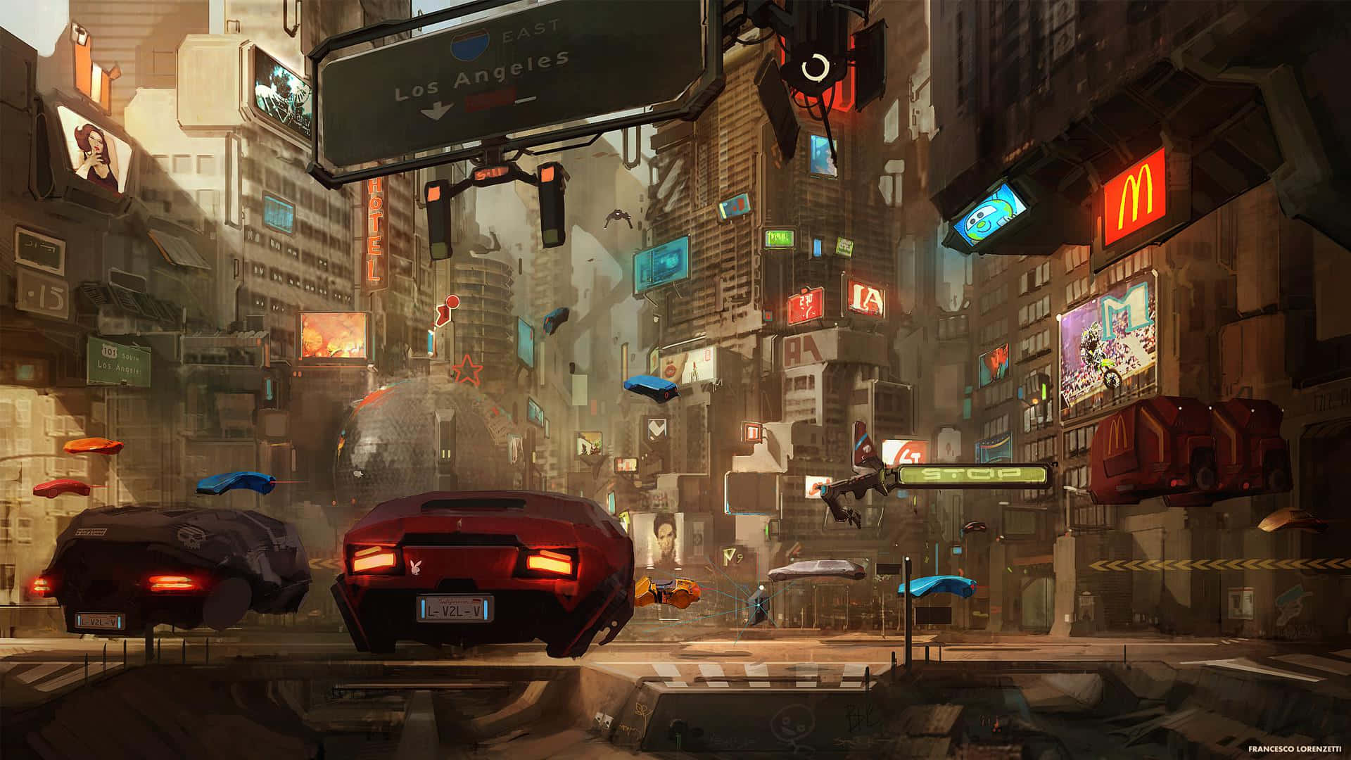 1080p Cyberpunk 2077 桌布 壁紙 — 未來主義的洛杉磯街道，浮動汽車和霓虹燈牌在朦朧的日光下。